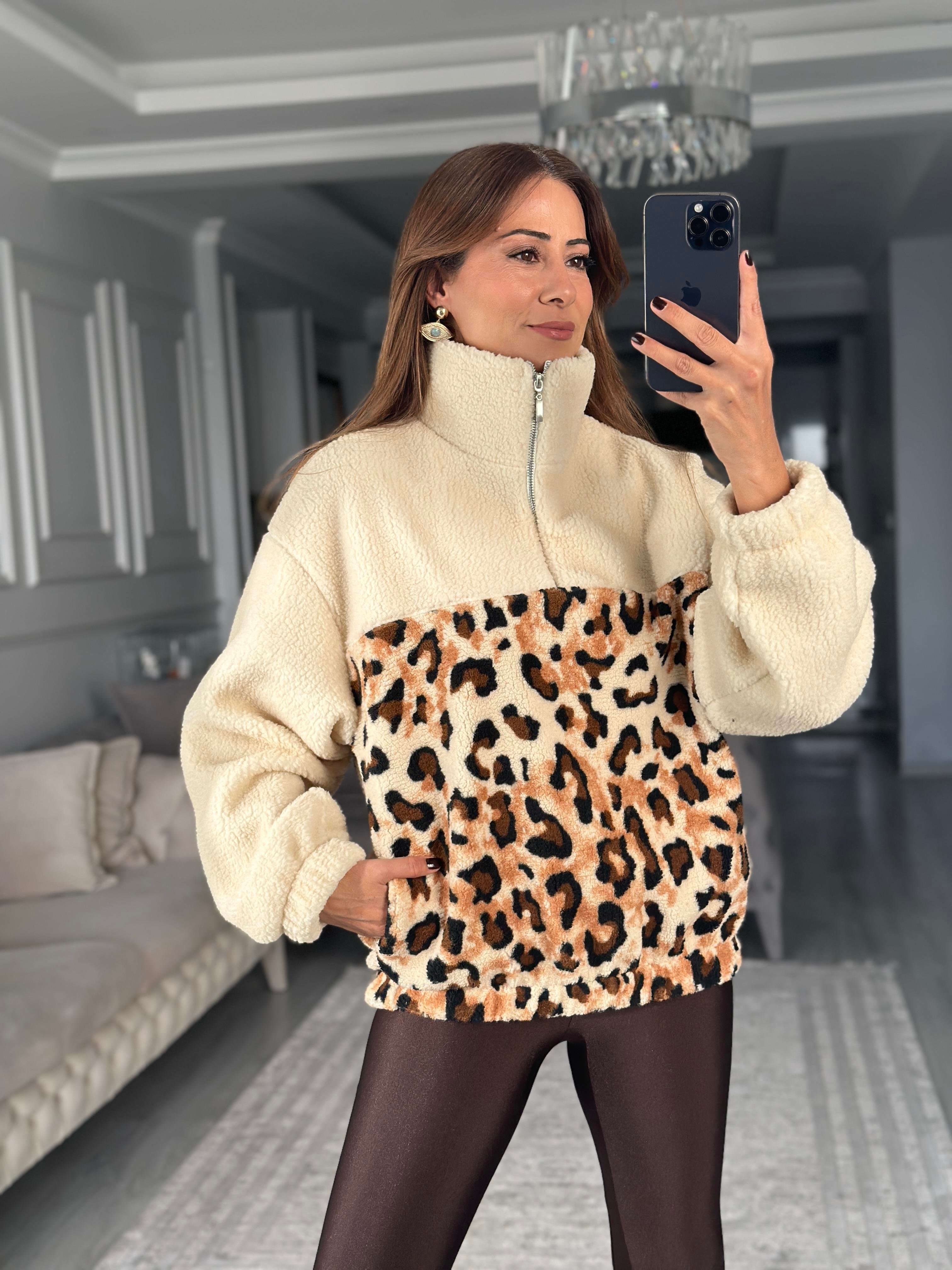 Ekru Leopar Desenli Cepli Beli Lastikli Kadın Sweatshirt
