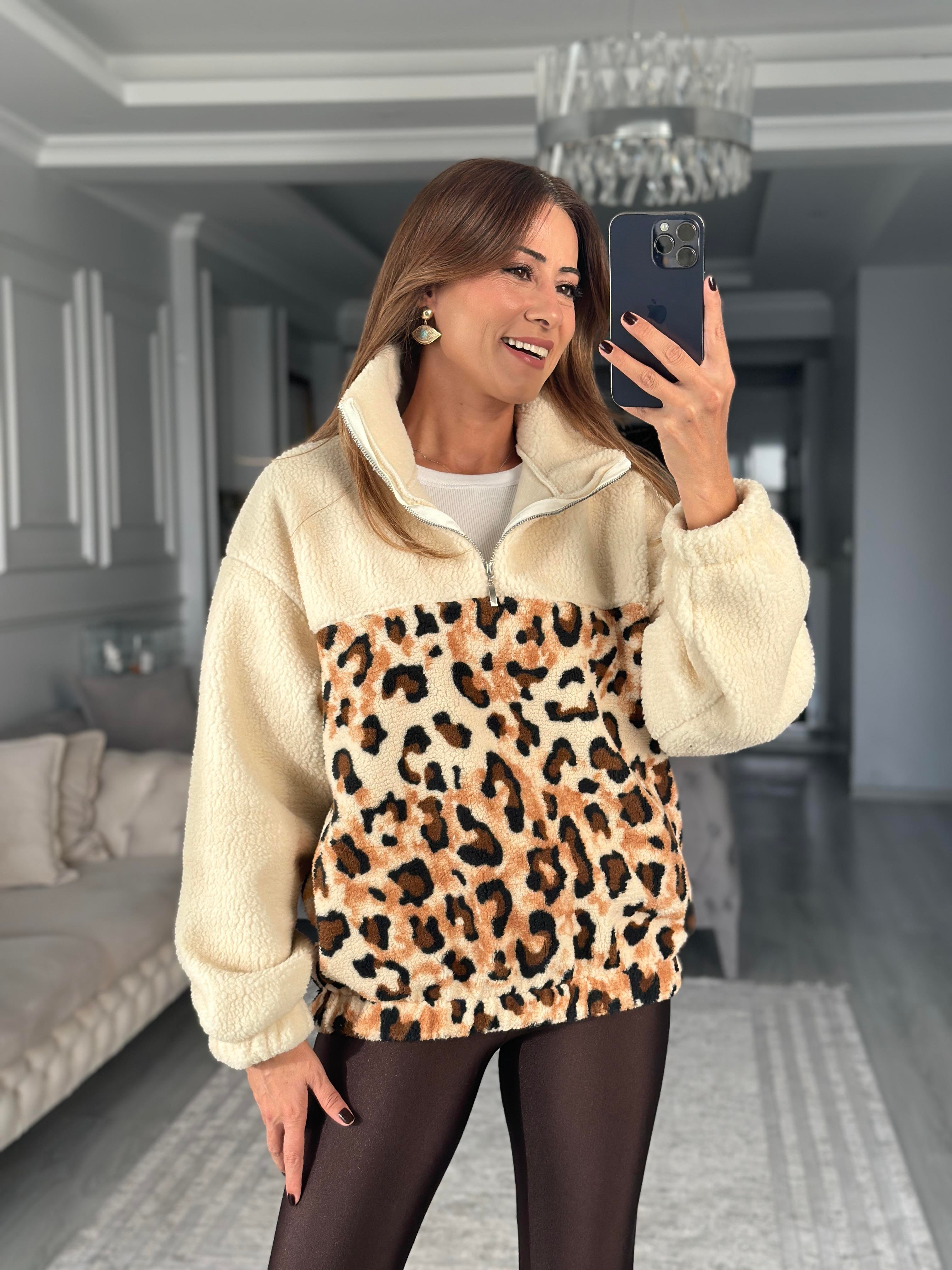 Ekru Leopar Desenli Cepli Beli Lastikli Kadın Sweatshirt