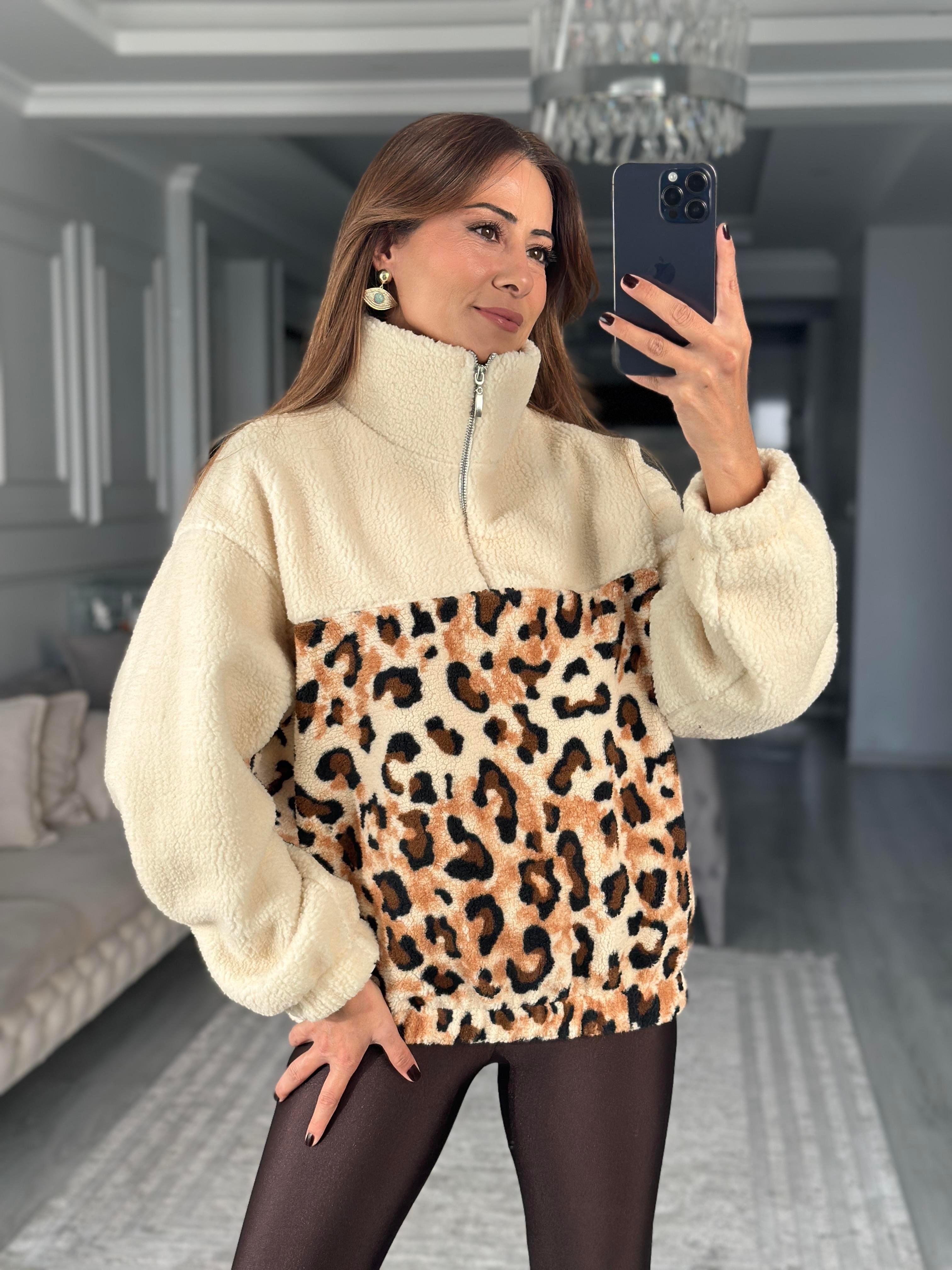 Ekru Leopar Desenli Cepli Beli Lastikli Kadın Sweatshirt
