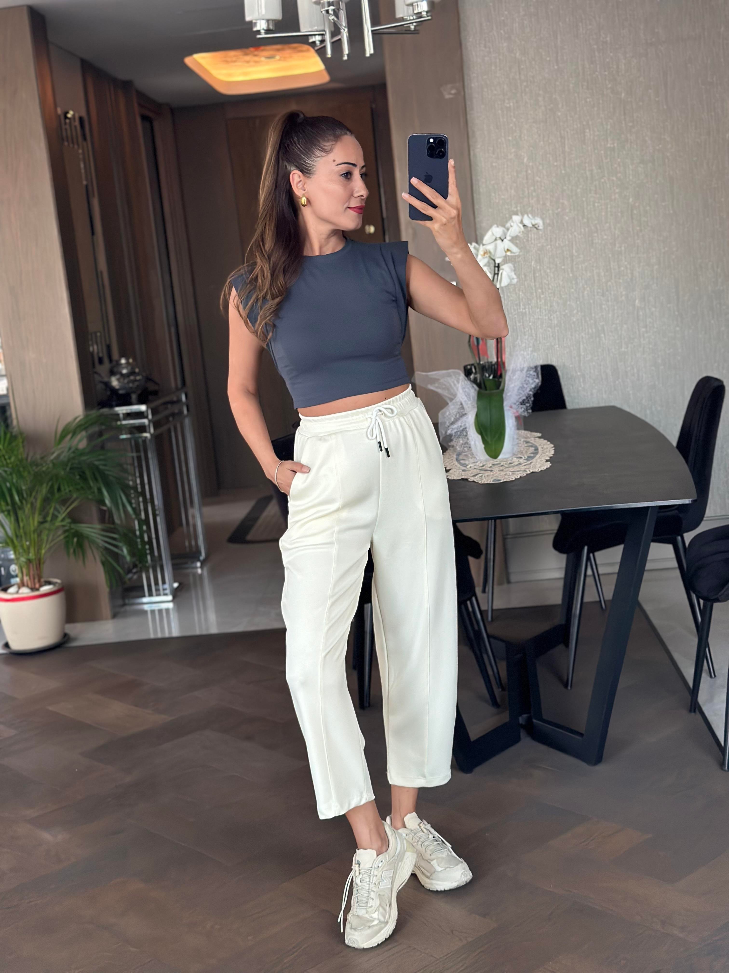 Ekru Modal Beli Bağcıklı Cepli Önü Dikiş Detay Kadın Pantolon