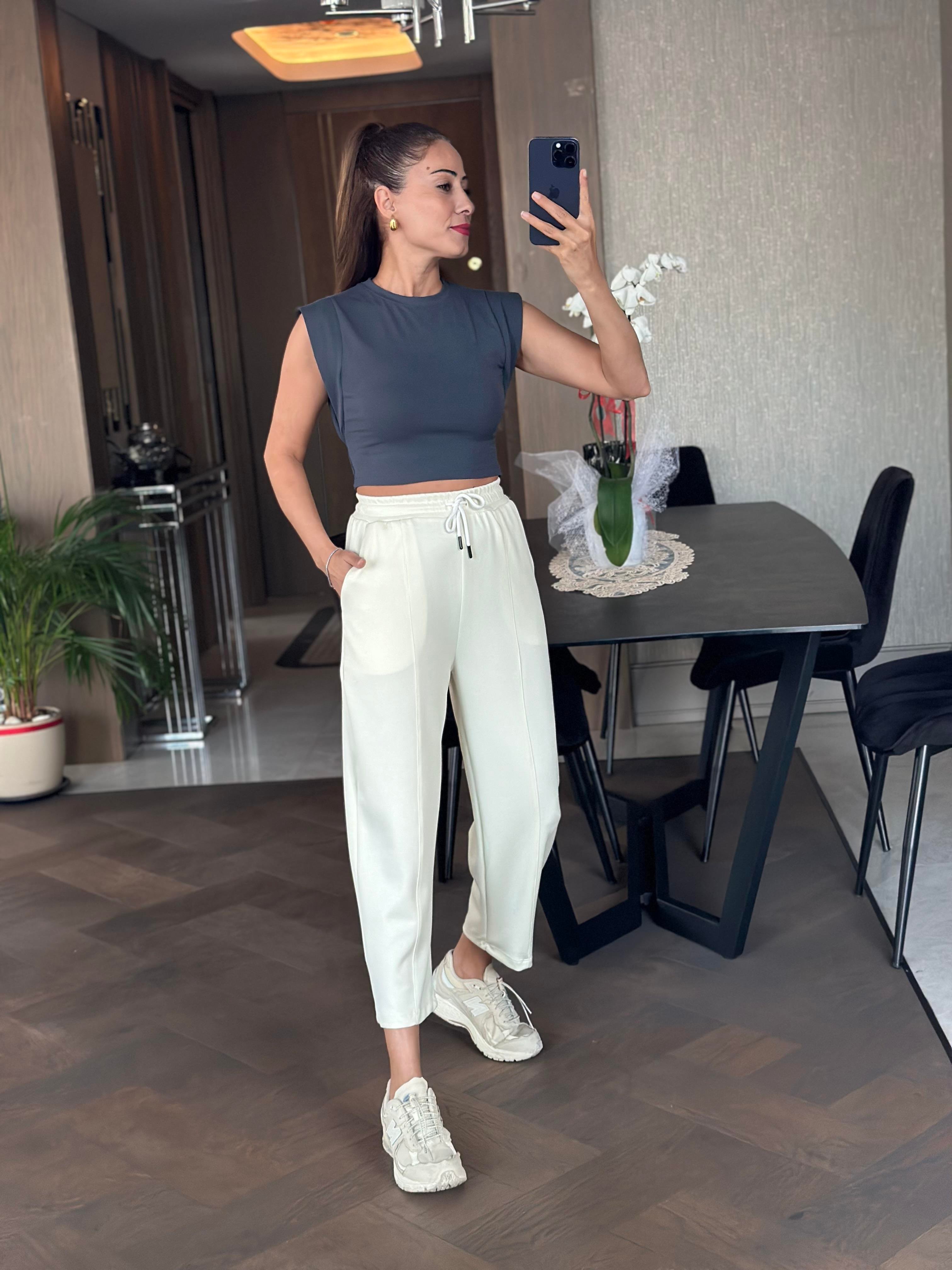 Ekru Modal Beli Bağcıklı Cepli Önü Dikiş Detay Kadın Pantolon