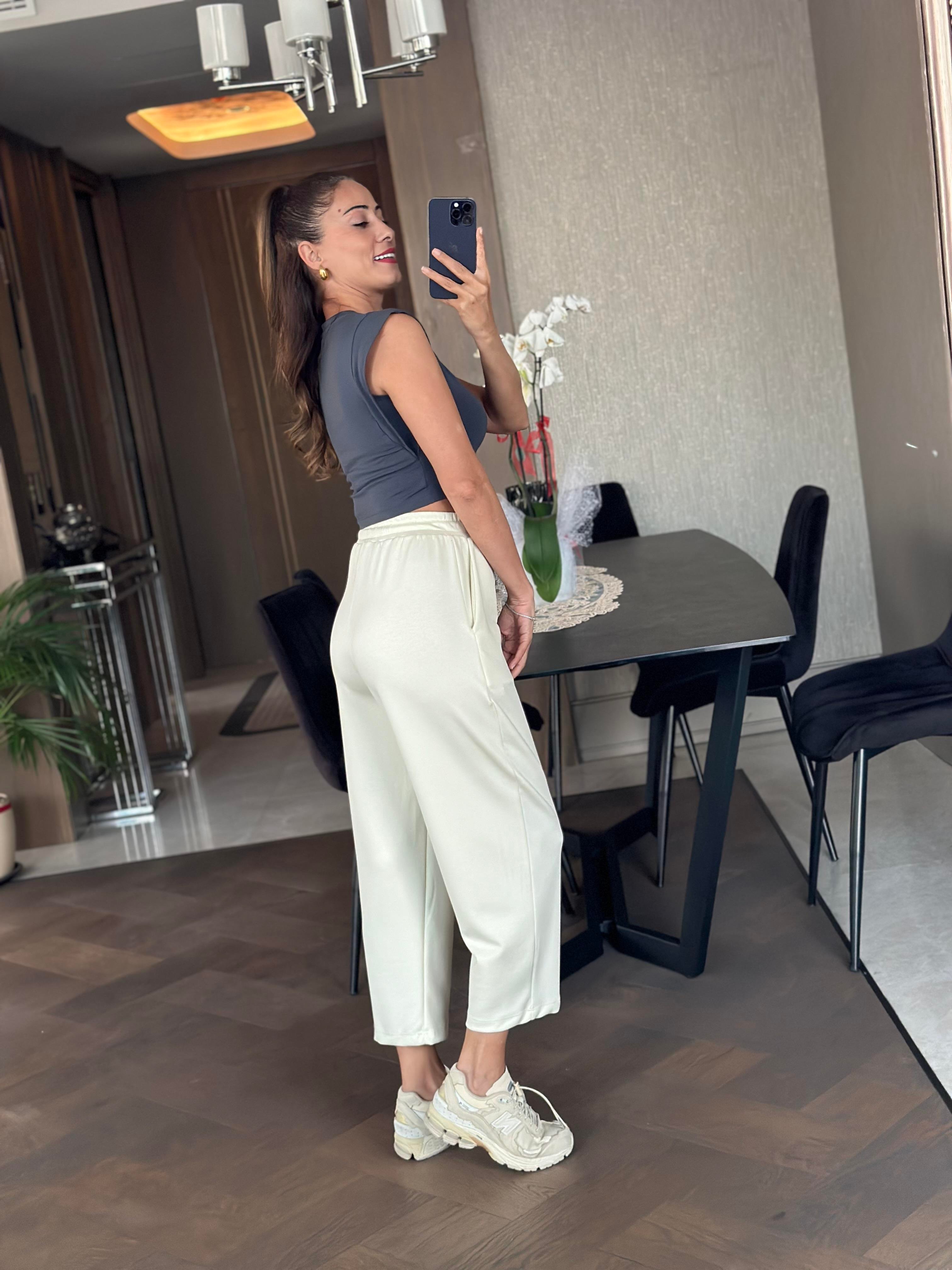 Ekru Modal Beli Bağcıklı Cepli Önü Dikiş Detay Kadın Pantolon