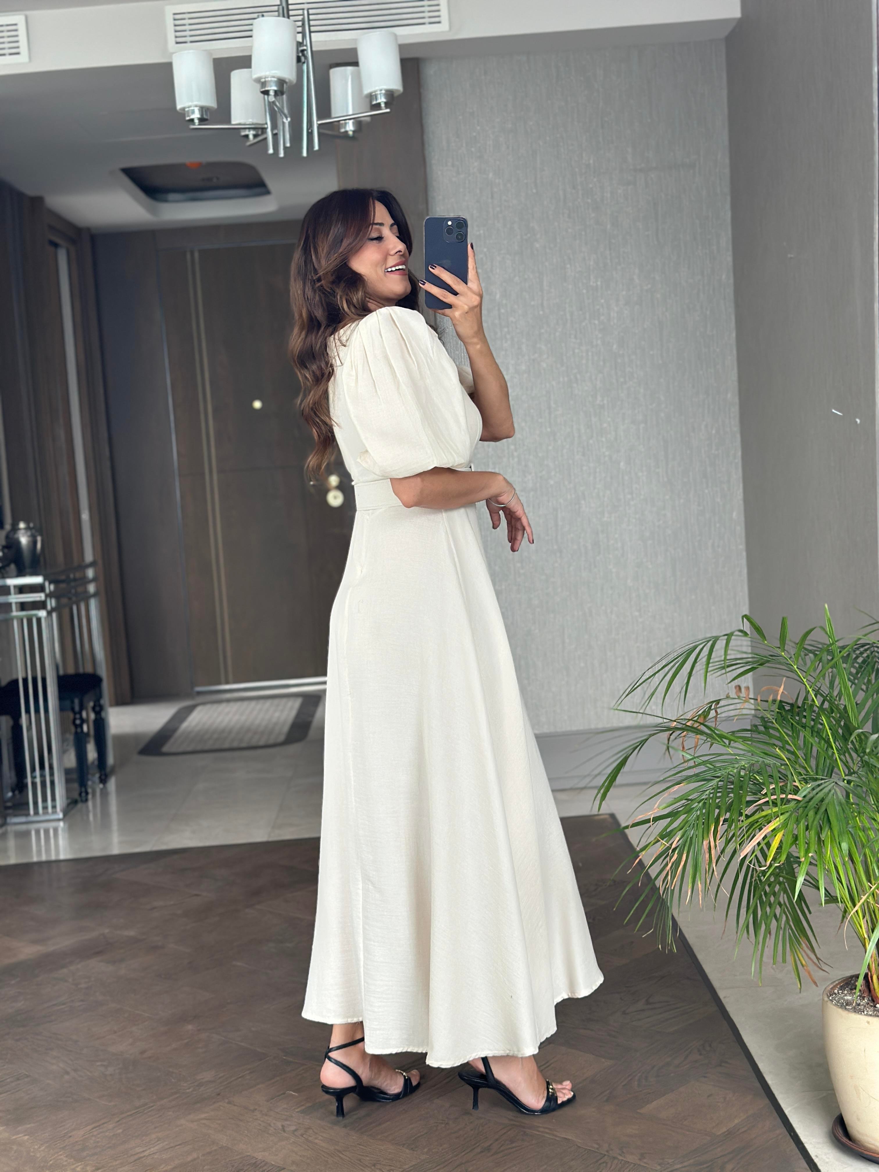 Ekru Prenses Kol Vatkalı Kemerli Müslin Kumaş Kadın Midi Boy Elbise