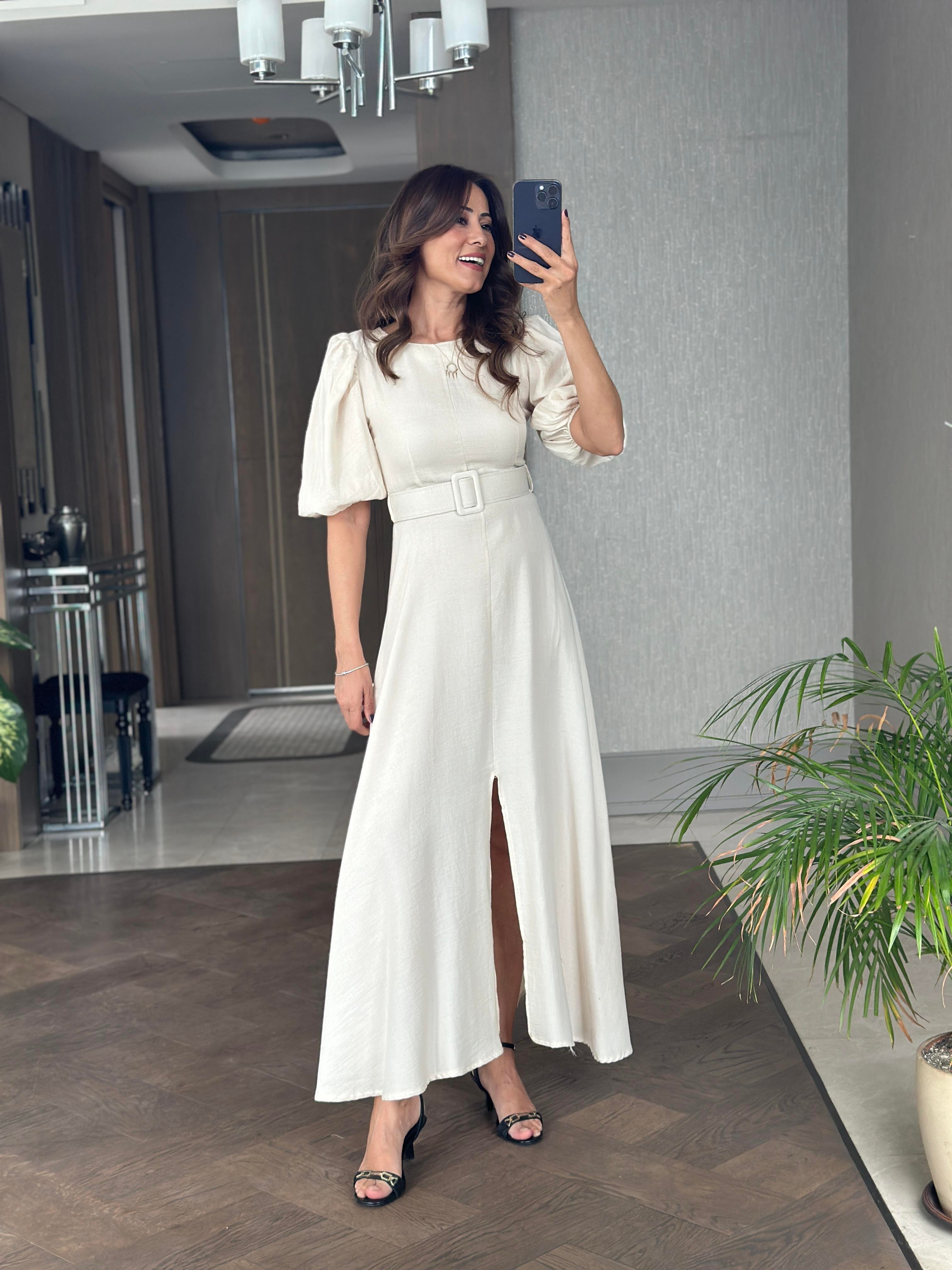 Ekru Prenses Kol Vatkalı Kemerli Müslin Kumaş Kadın Midi Boy Elbise