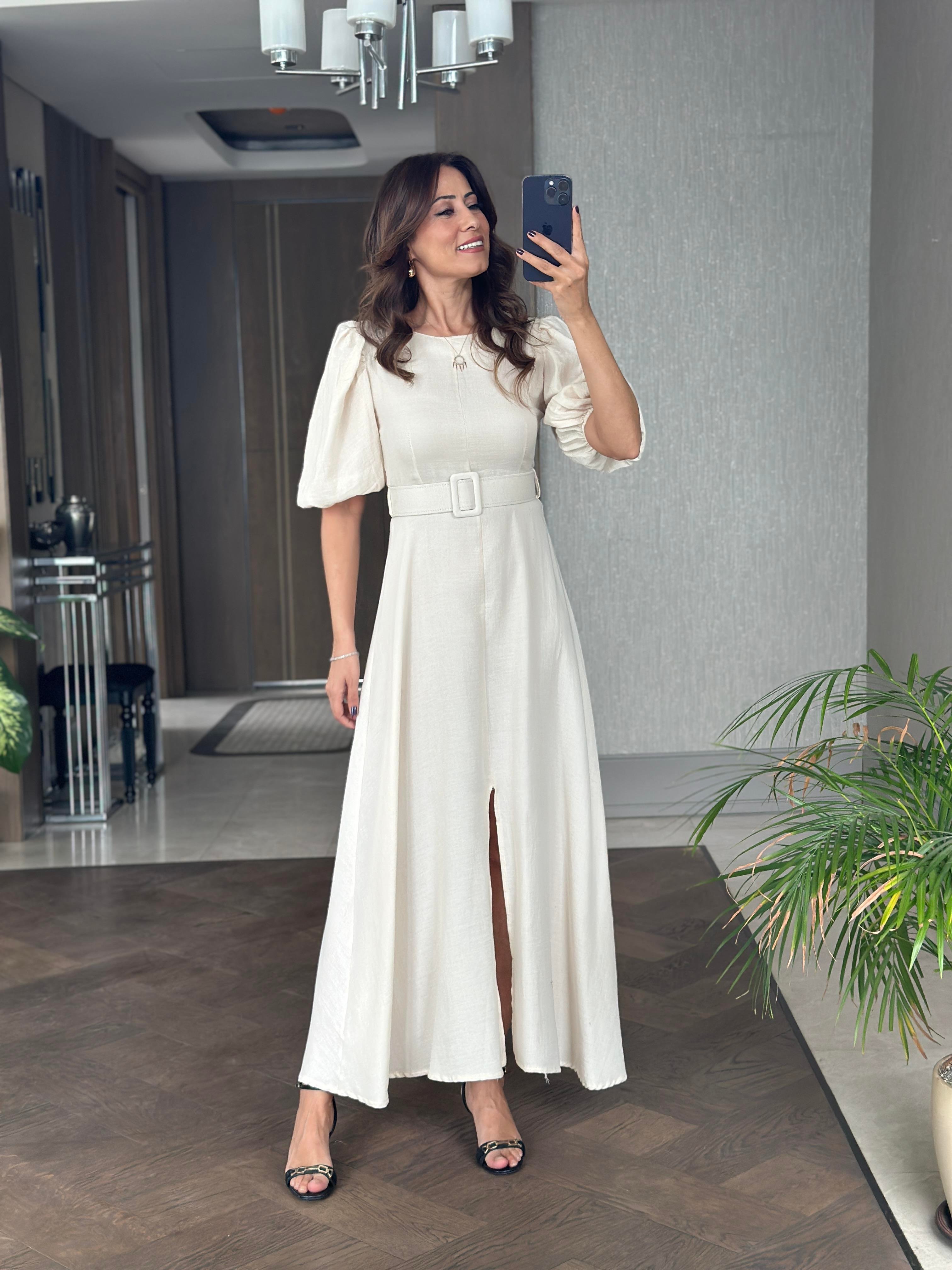 Ekru Prenses Kol Vatkalı Kemerli Müslin Kumaş Kadın Midi Boy Elbise