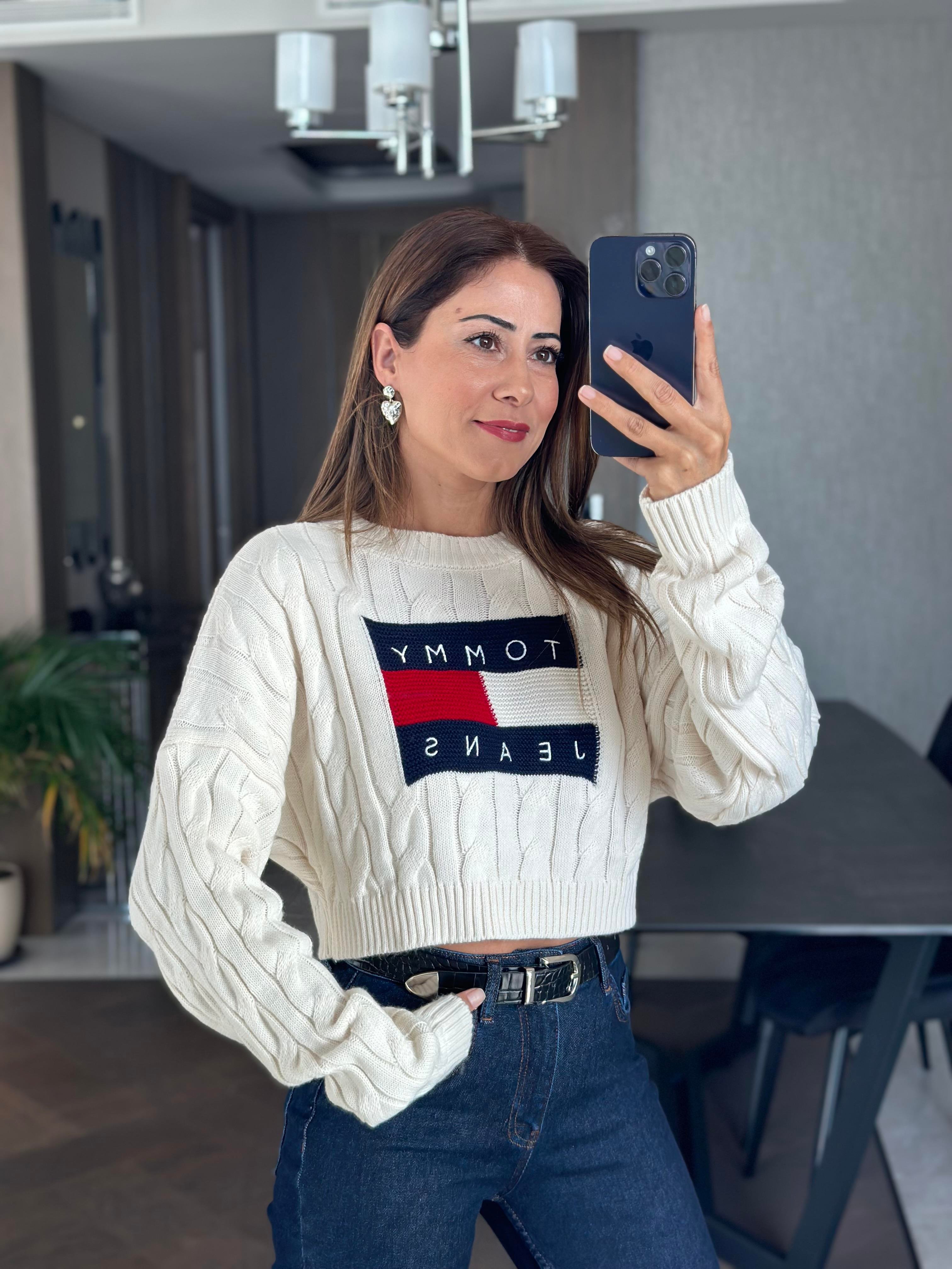 Ekru Saç Örgülü Marka Model Triko Kadın Crop Kazak