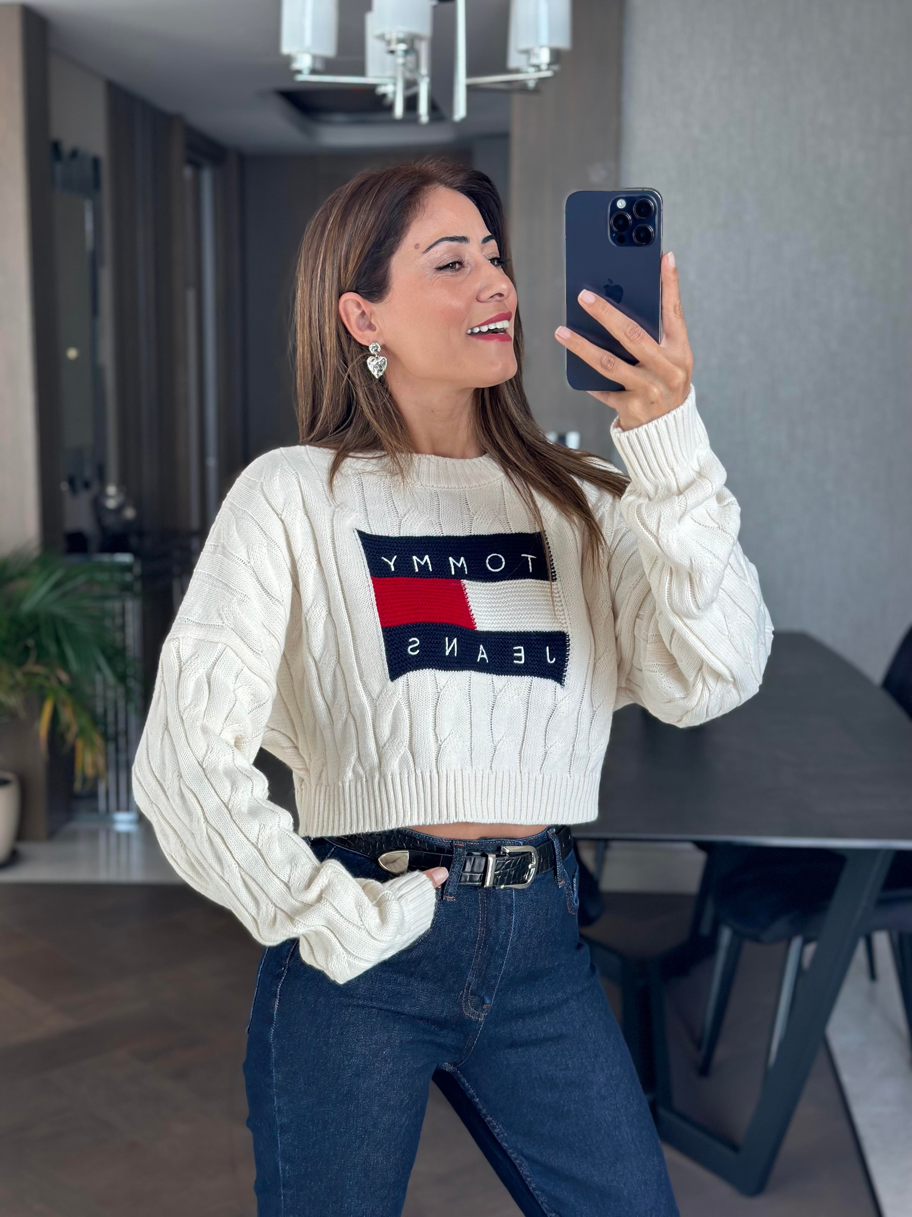 Ekru Saç Örgülü Marka Model Triko Kadın Crop Kazak