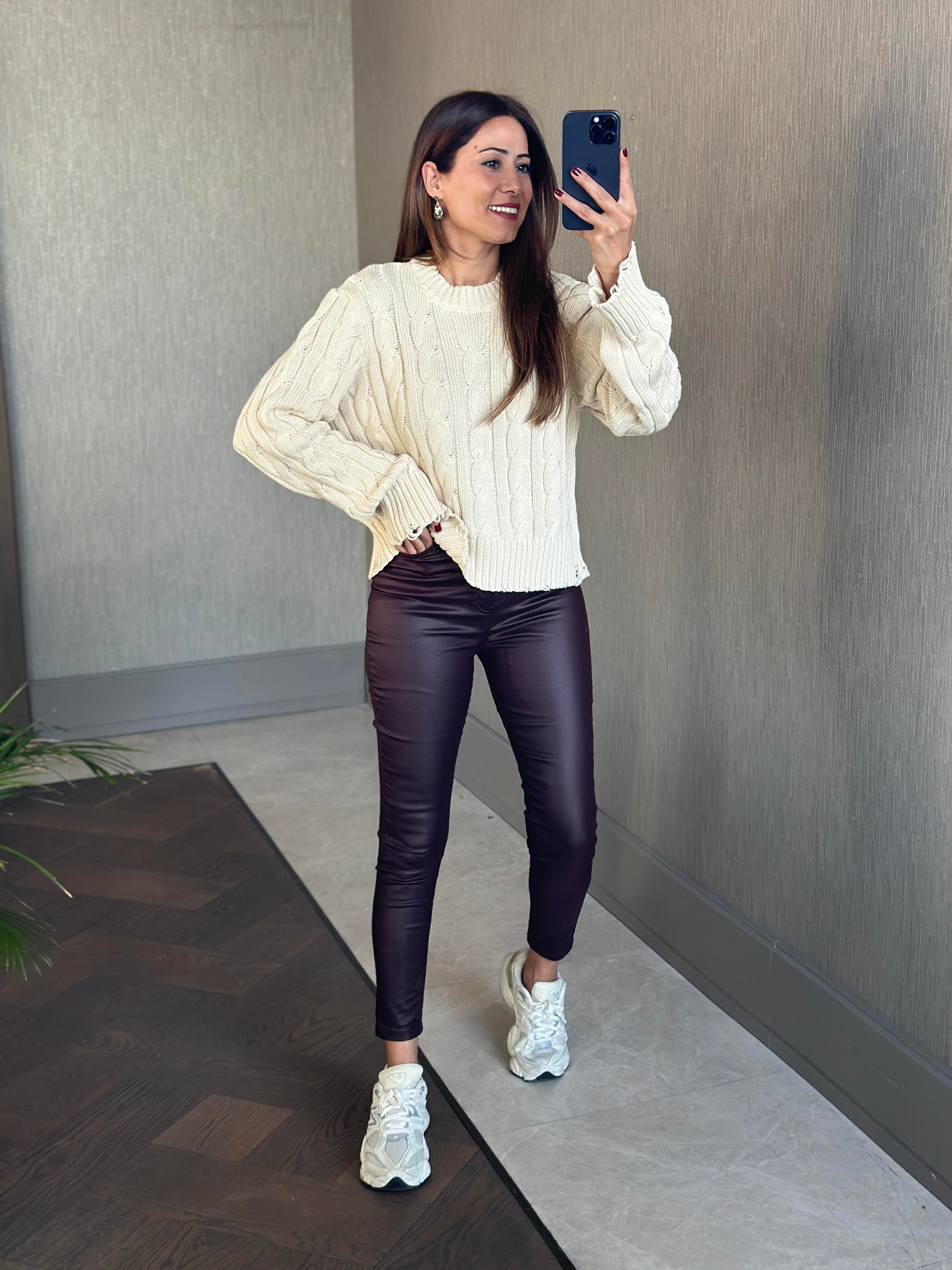 Ekru Sökük Detay Saç Örgü Kadın Triko Kazak