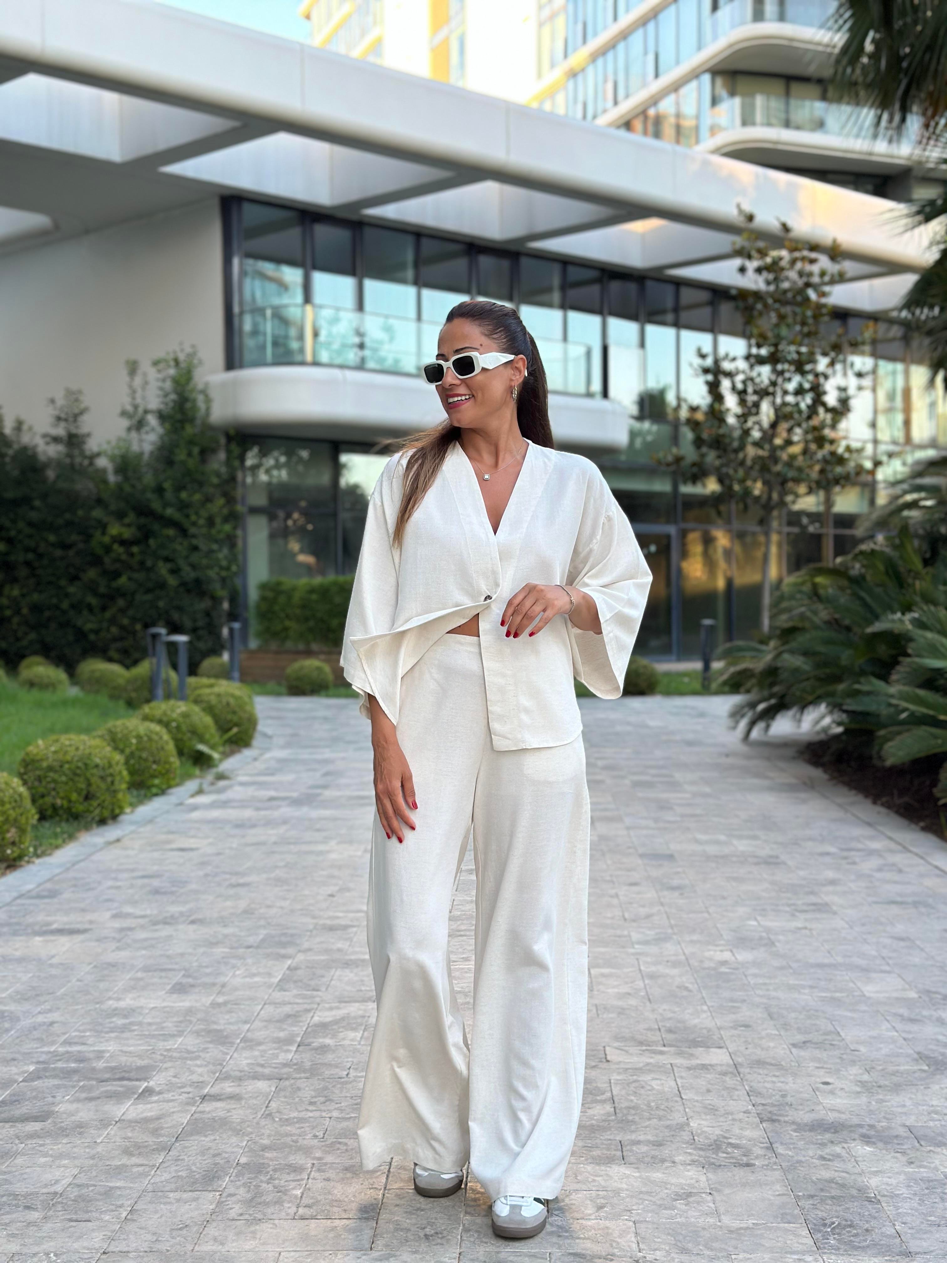 Ekru Tek Düğmeli Kimono Pantolon Keten Kadın Alt Üst Takım