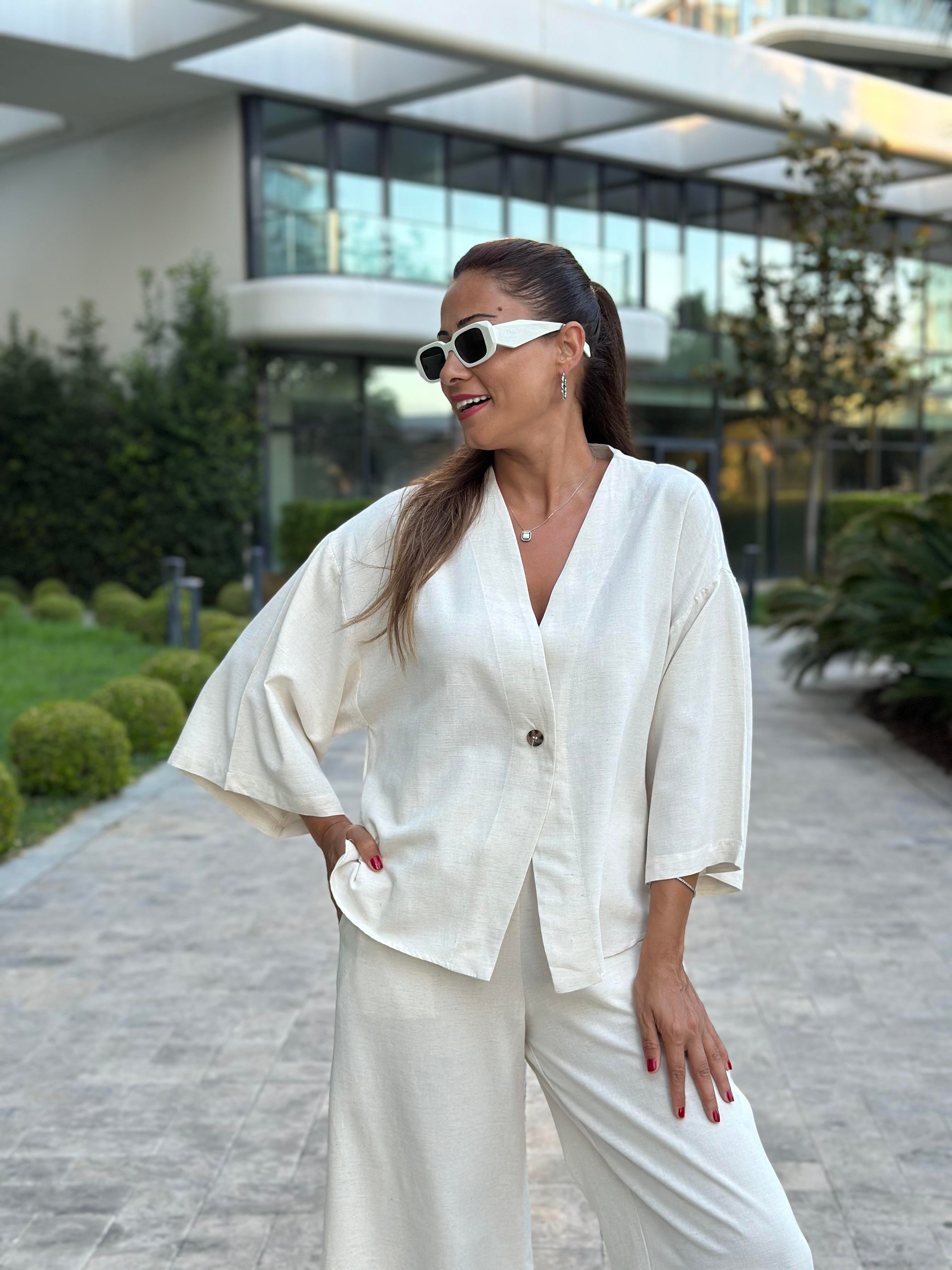 Ekru Tek Düğmeli Kimono Pantolon Keten Kadın Alt Üst Takım