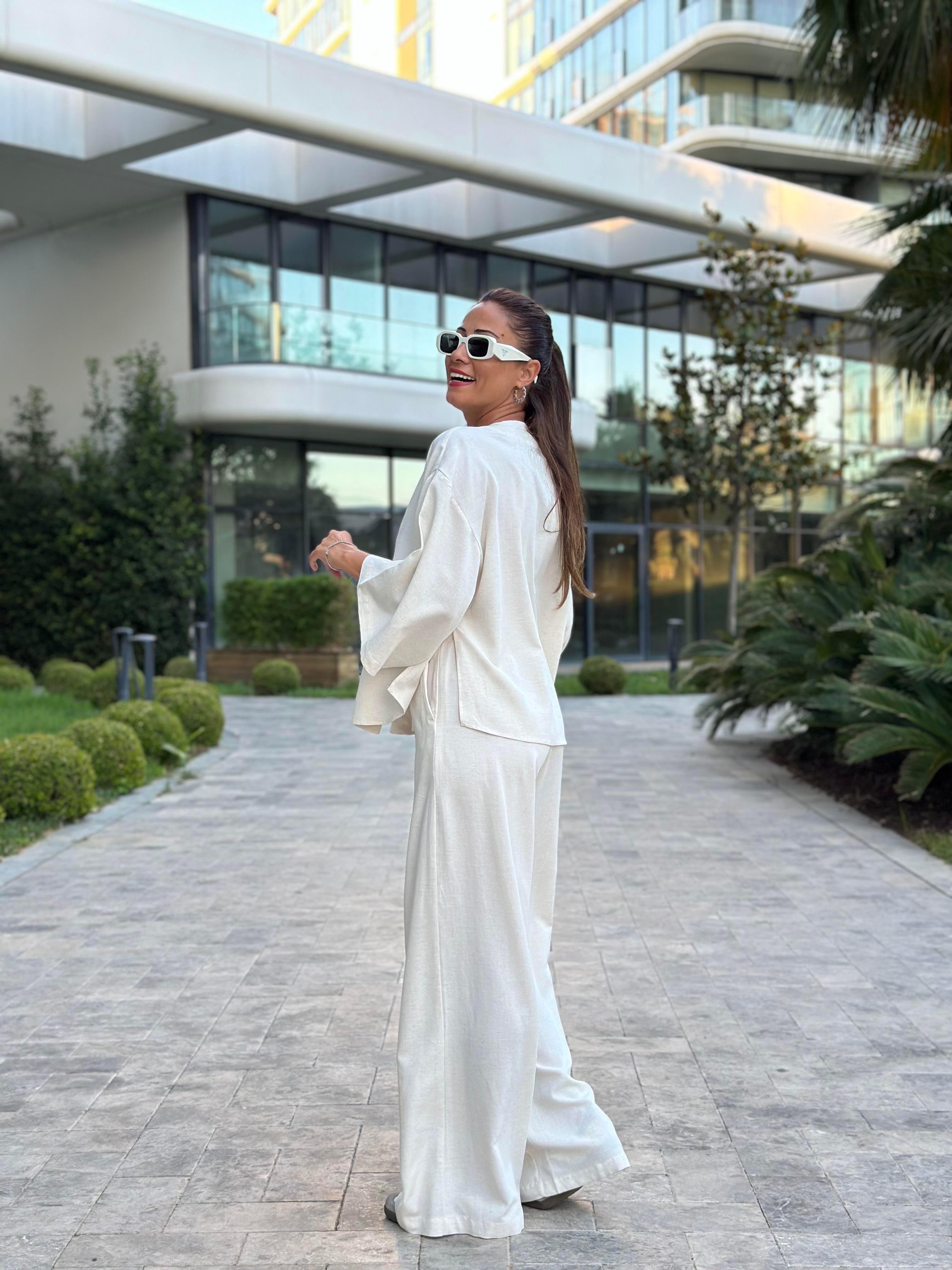 Ekru Tek Düğmeli Kimono Pantolon Keten Kadın Alt Üst Takım