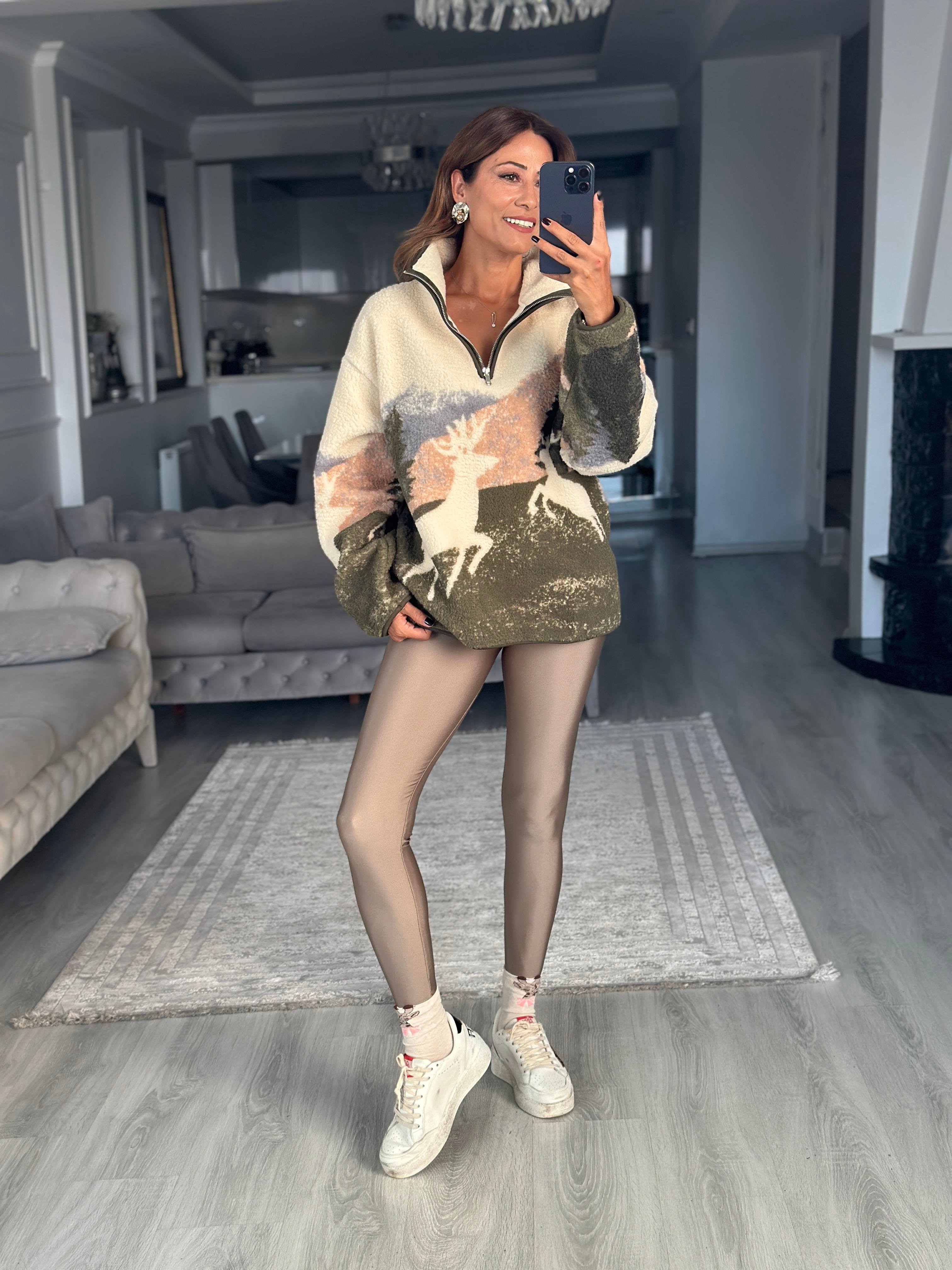 Ekru Yarım Fermuarlı Desenli Kadın Sweatshirt