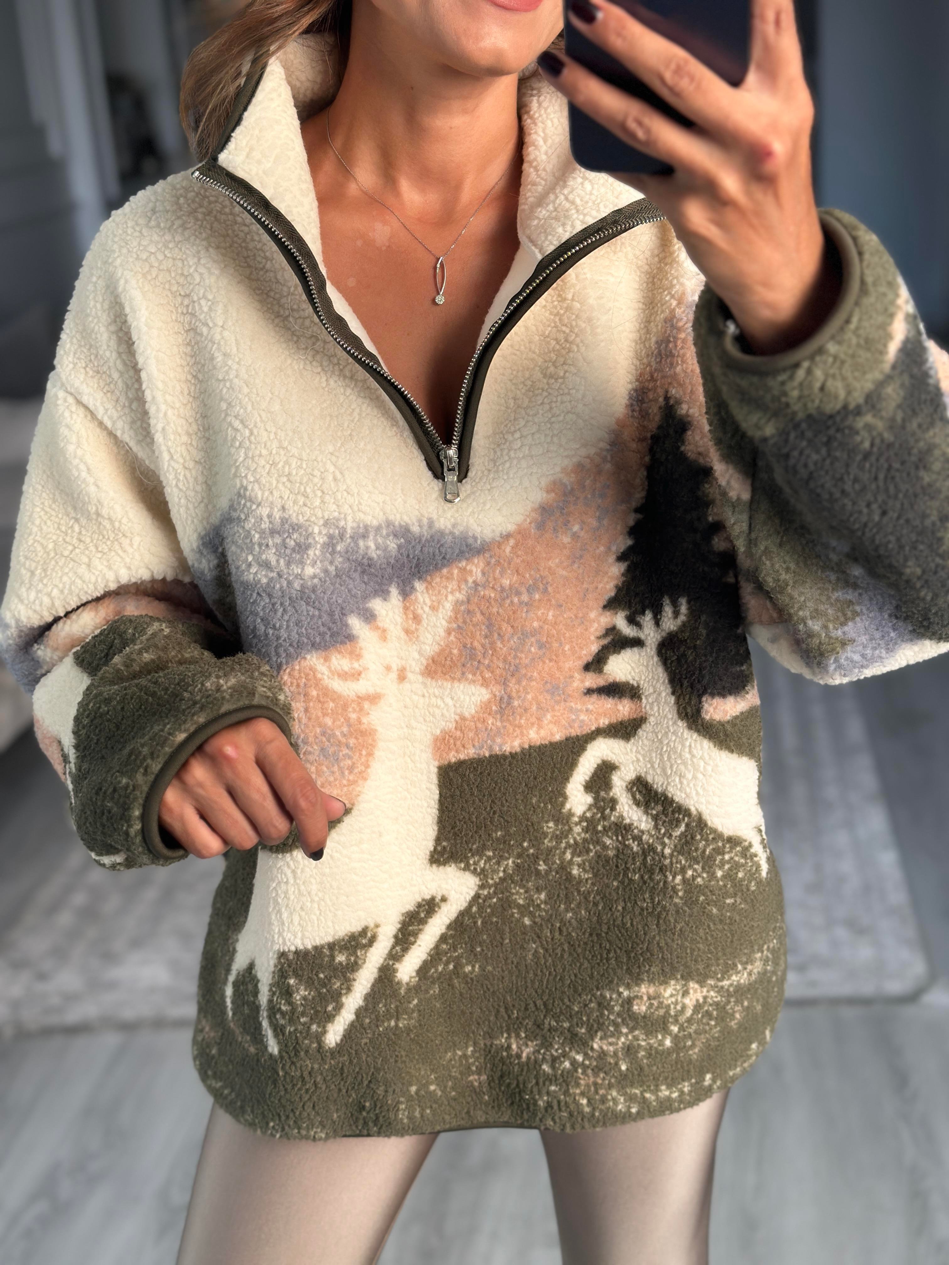 Ekru Yarım Fermuarlı Desenli Kadın Sweatshirt