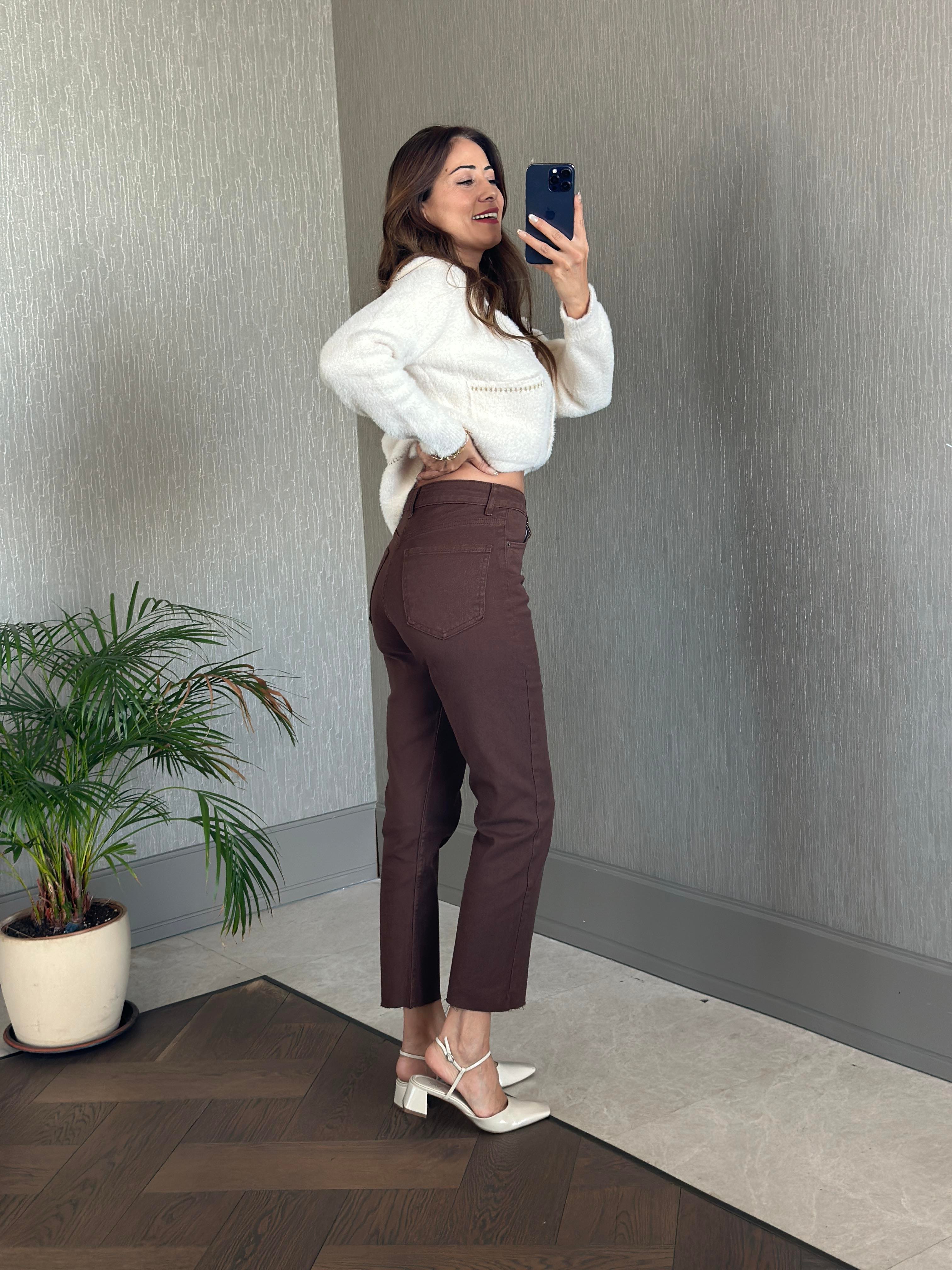 Ekru Yumoş Gold Şerit Detay Cepli Kadın Triko Hırka 