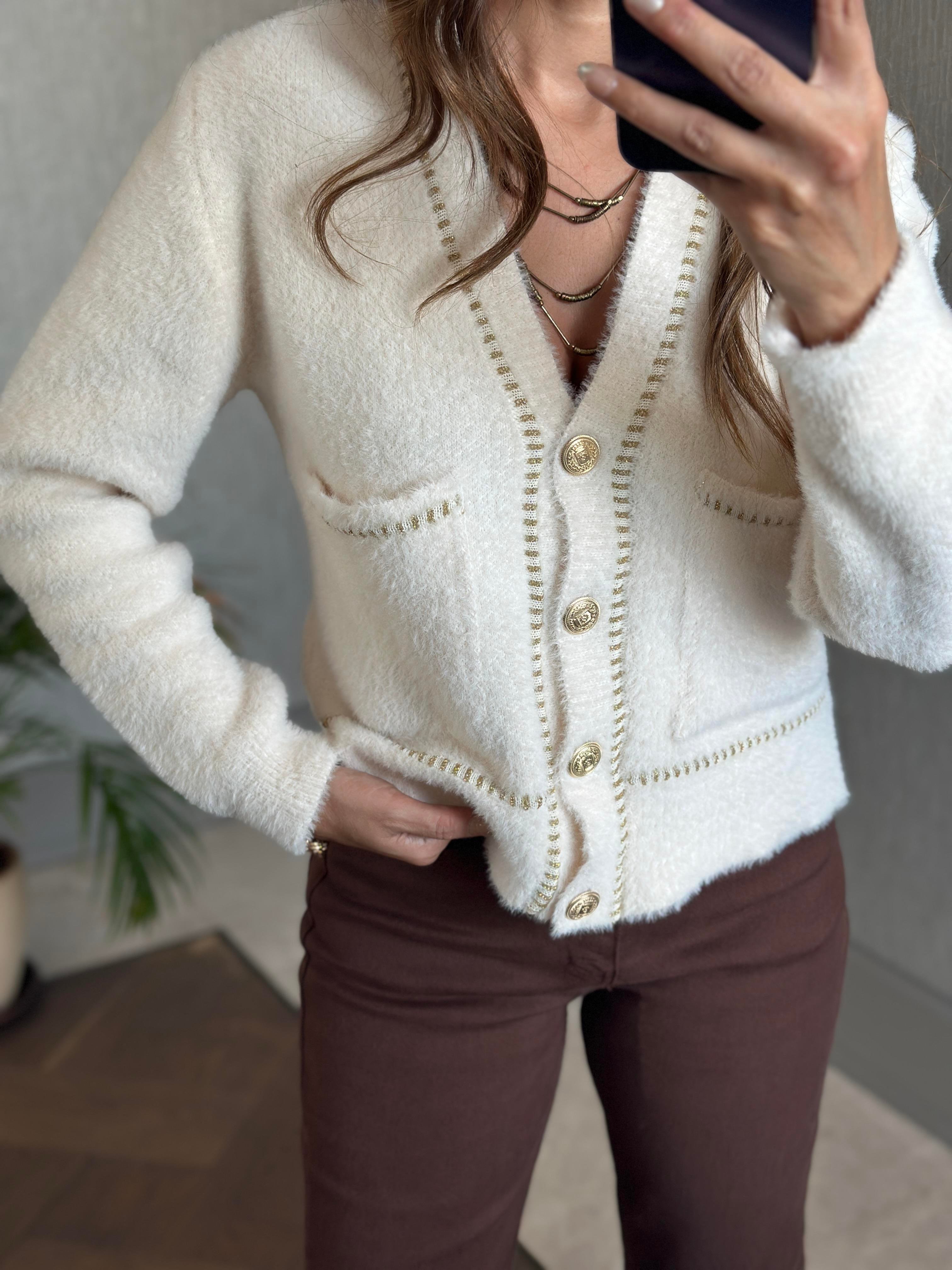 Ekru Yumoş Gold Şerit Detay Cepli Kadın Triko Hırka 