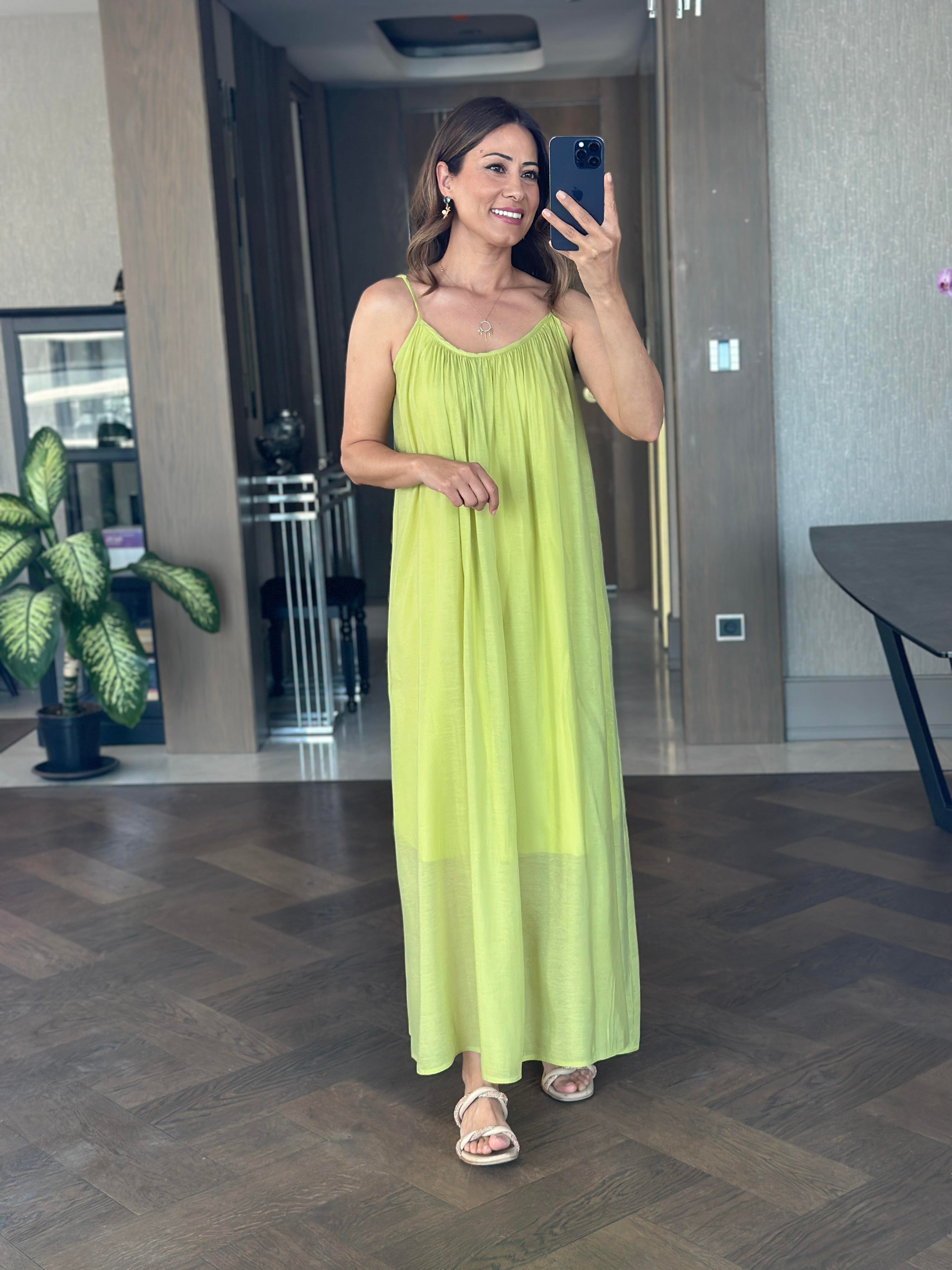 Fıstık Yeşili Ayarlanabilir Askılı Astarlı Salaş Maksi Boy Kadın Elbise