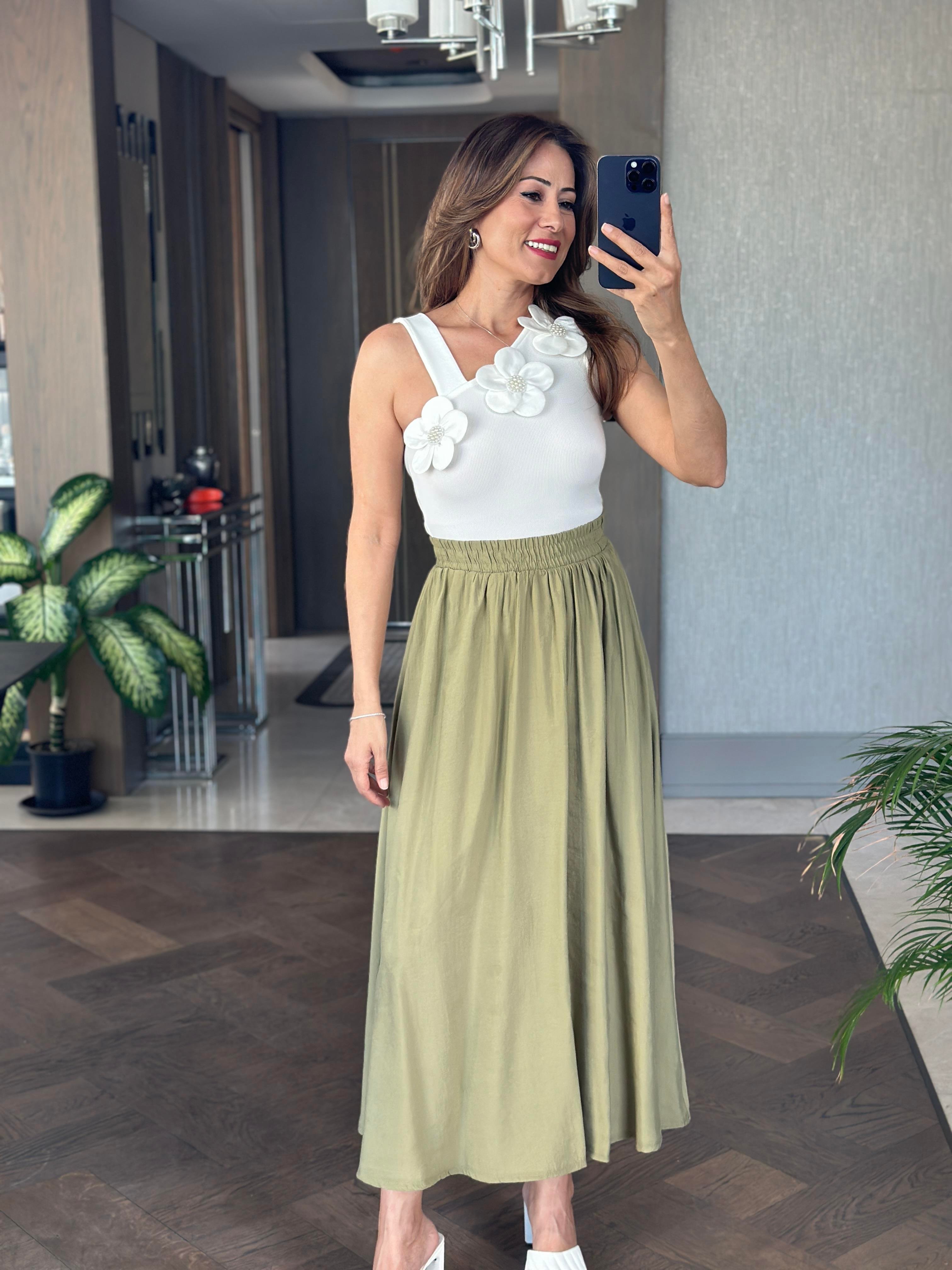 Fıstık Yeşili Tnsl Kumaş Beli Lastikli Cepli Kadın Midi Boy Etek