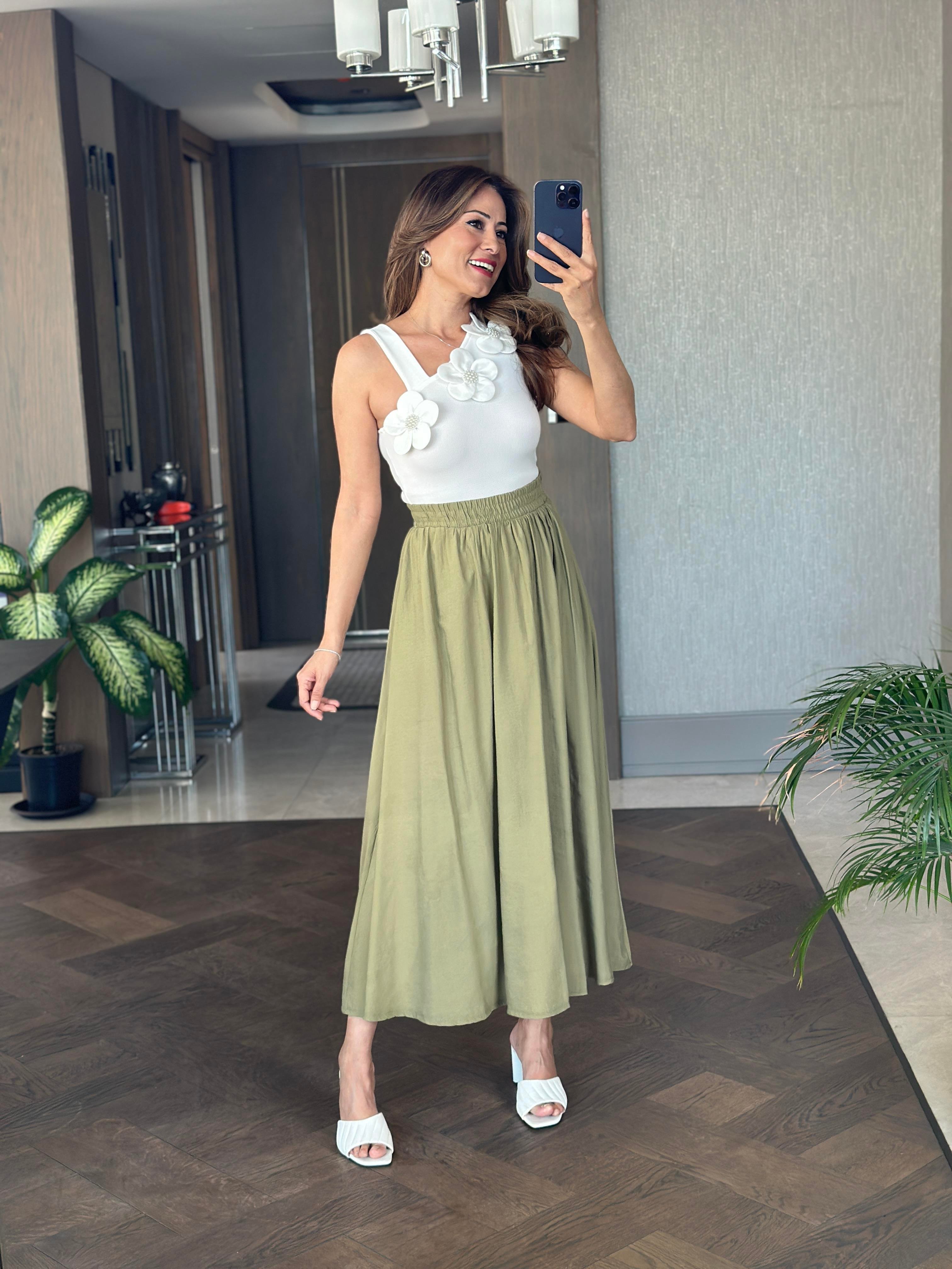 Fıstık Yeşili Tnsl Kumaş Beli Lastikli Cepli Kadın Midi Boy Etek