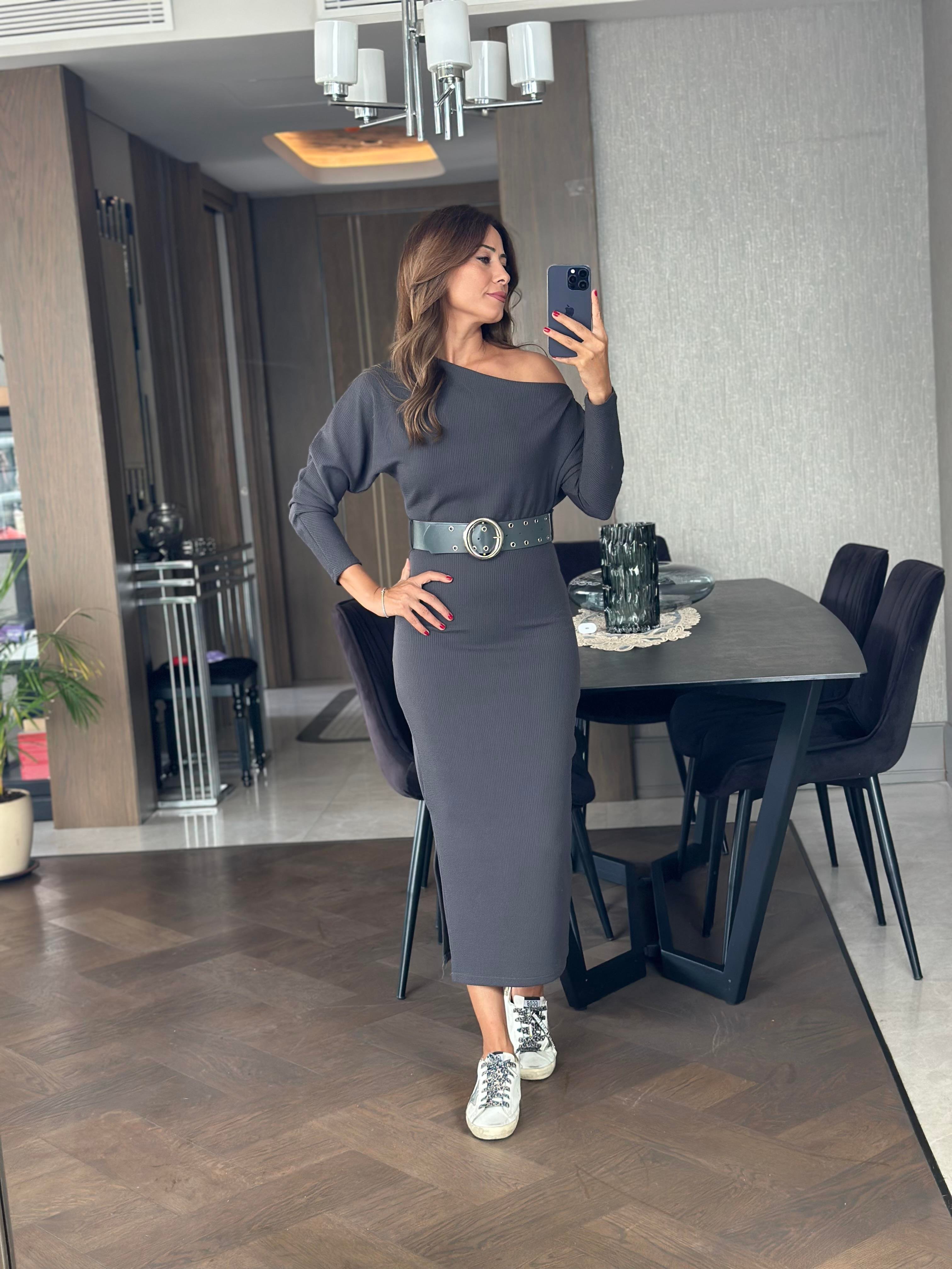 Füme Asimetrik Yaka Fitilli Kaşkorse Kemerli Yırtmaçlı Midi Boy Kadın Elbise 