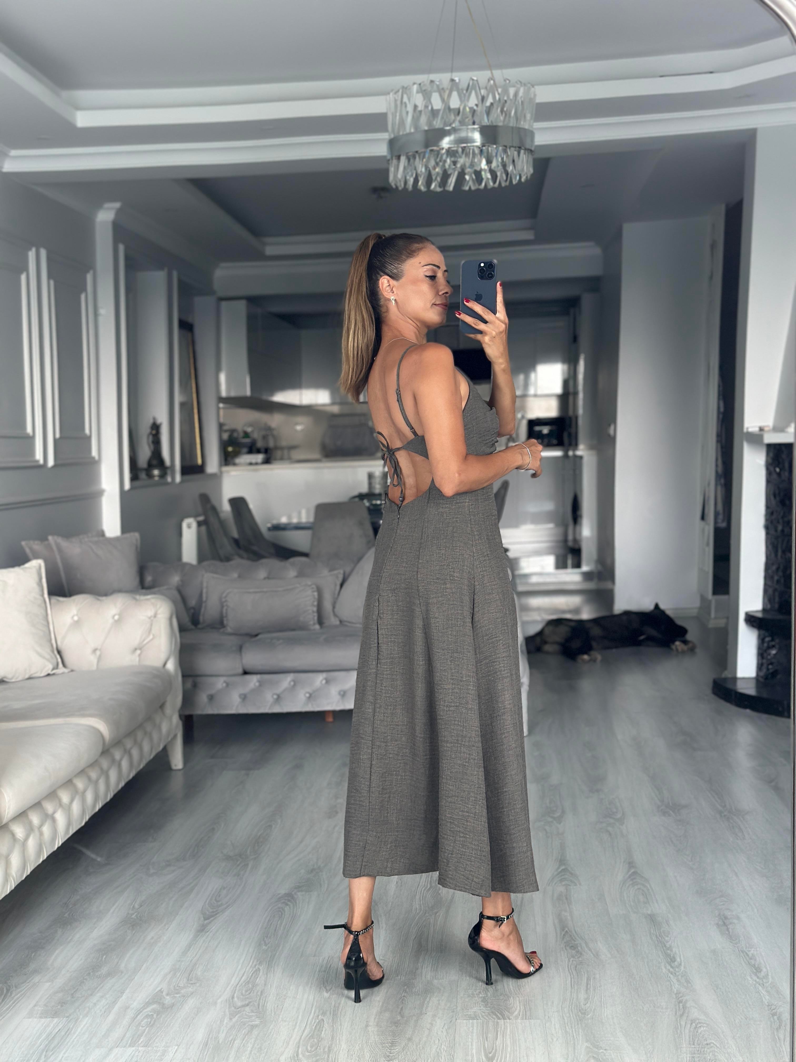 Füme Ayarlanabilir İp Askılı Dekolteli Parçalı Midi Boy Kadın Elbise