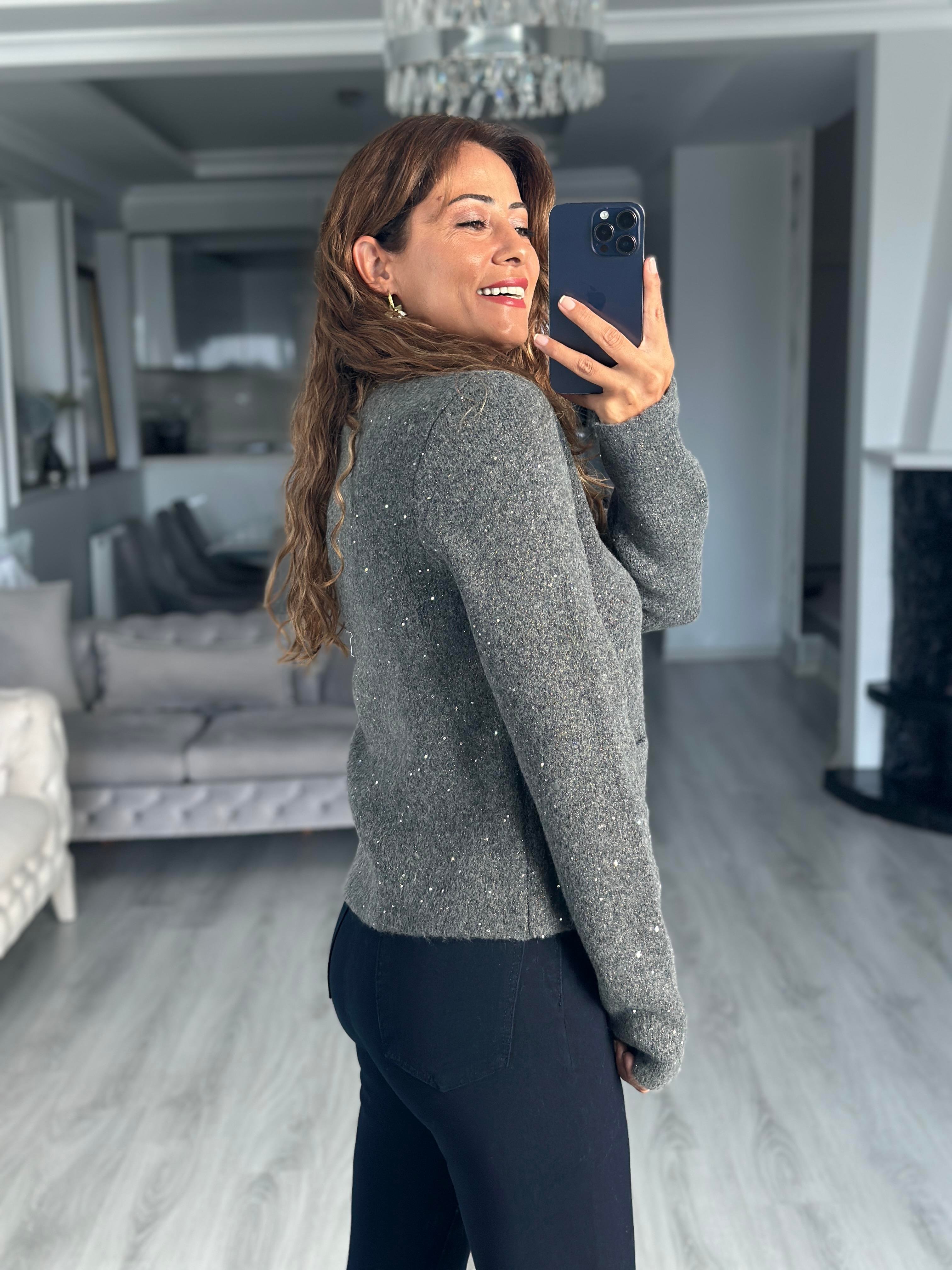 Füme Bisiklet Yaka Düğmeli Pullu Kadın Triko Hırka