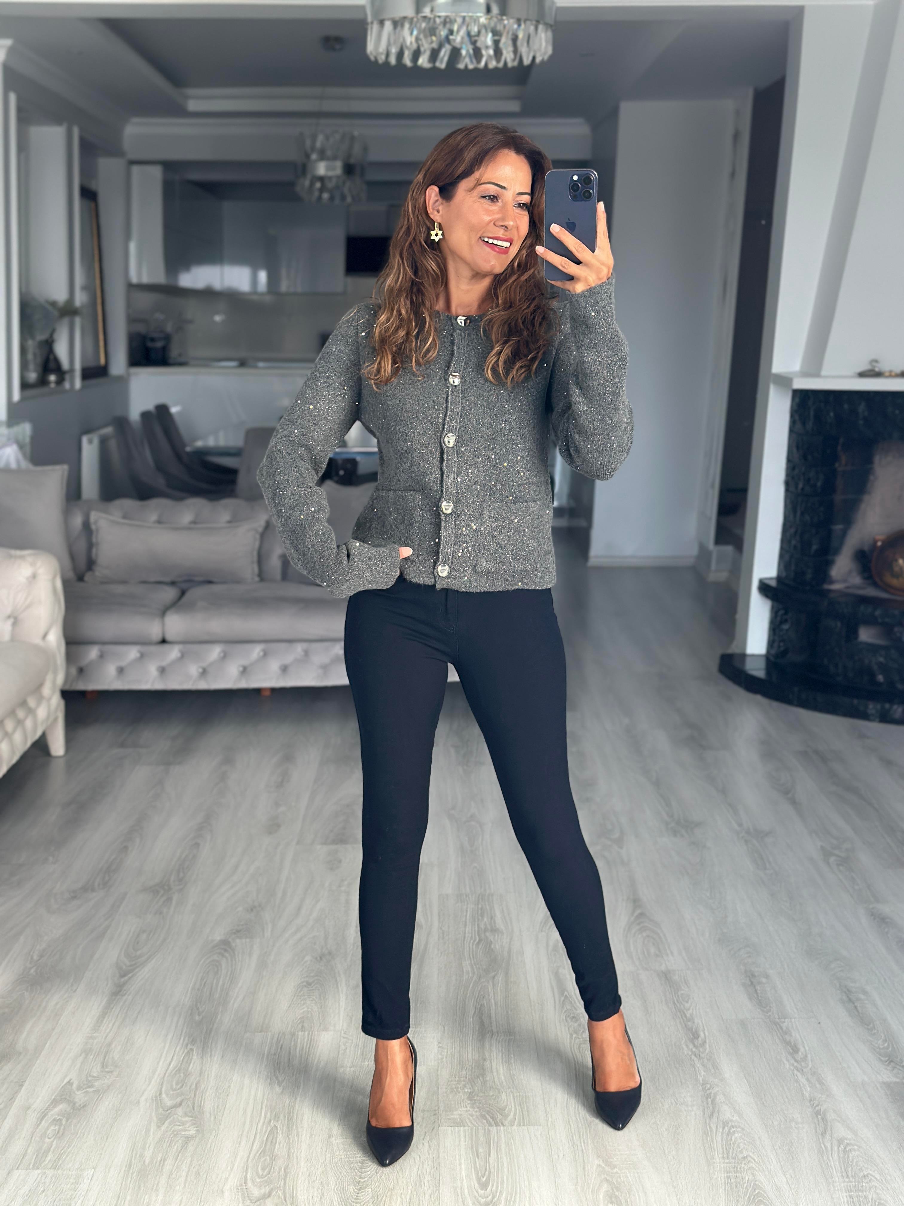 Füme Bisiklet Yaka Düğmeli Pullu Kadın Triko Hırka