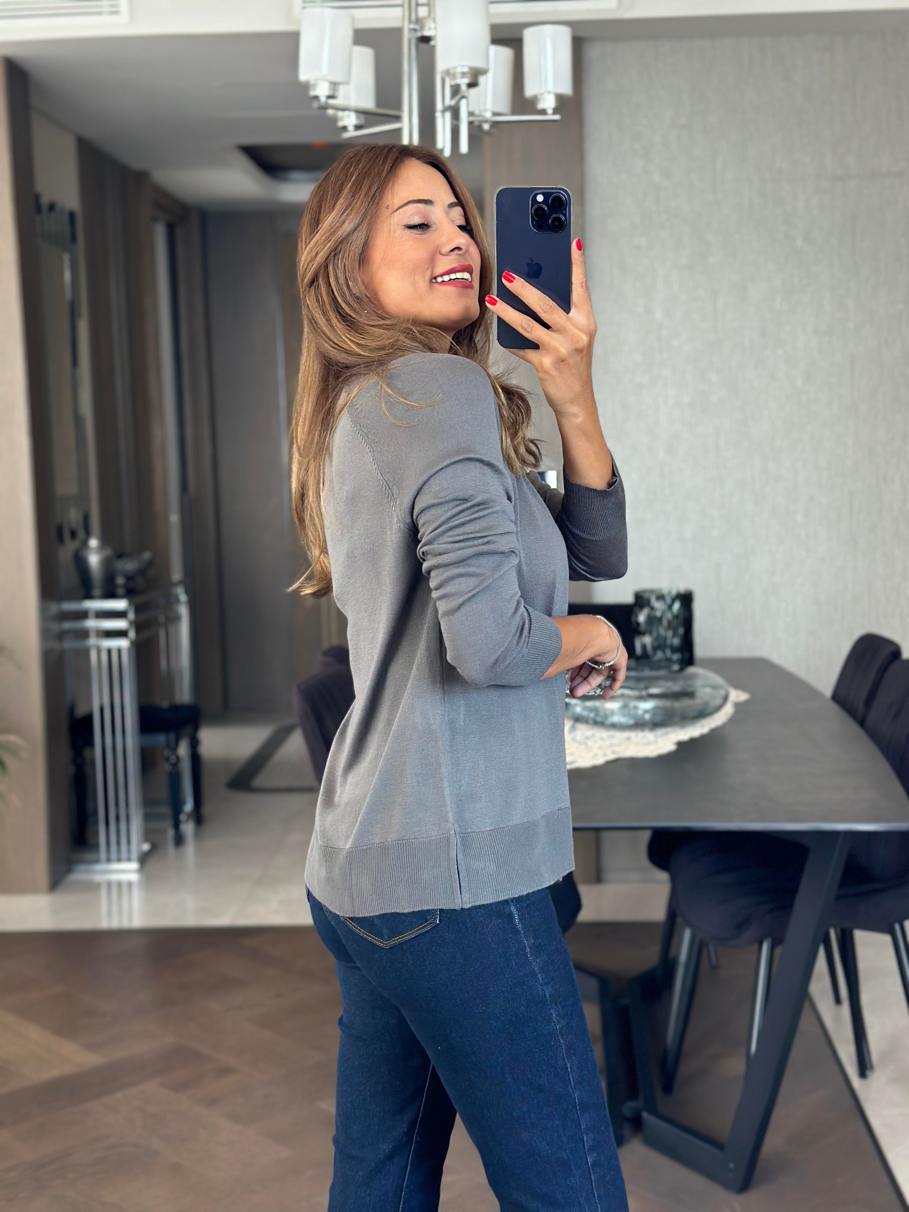 Füme Bisiklet Yaka Uzun Kol Dlvn Düz Merserize Kadın Bluz