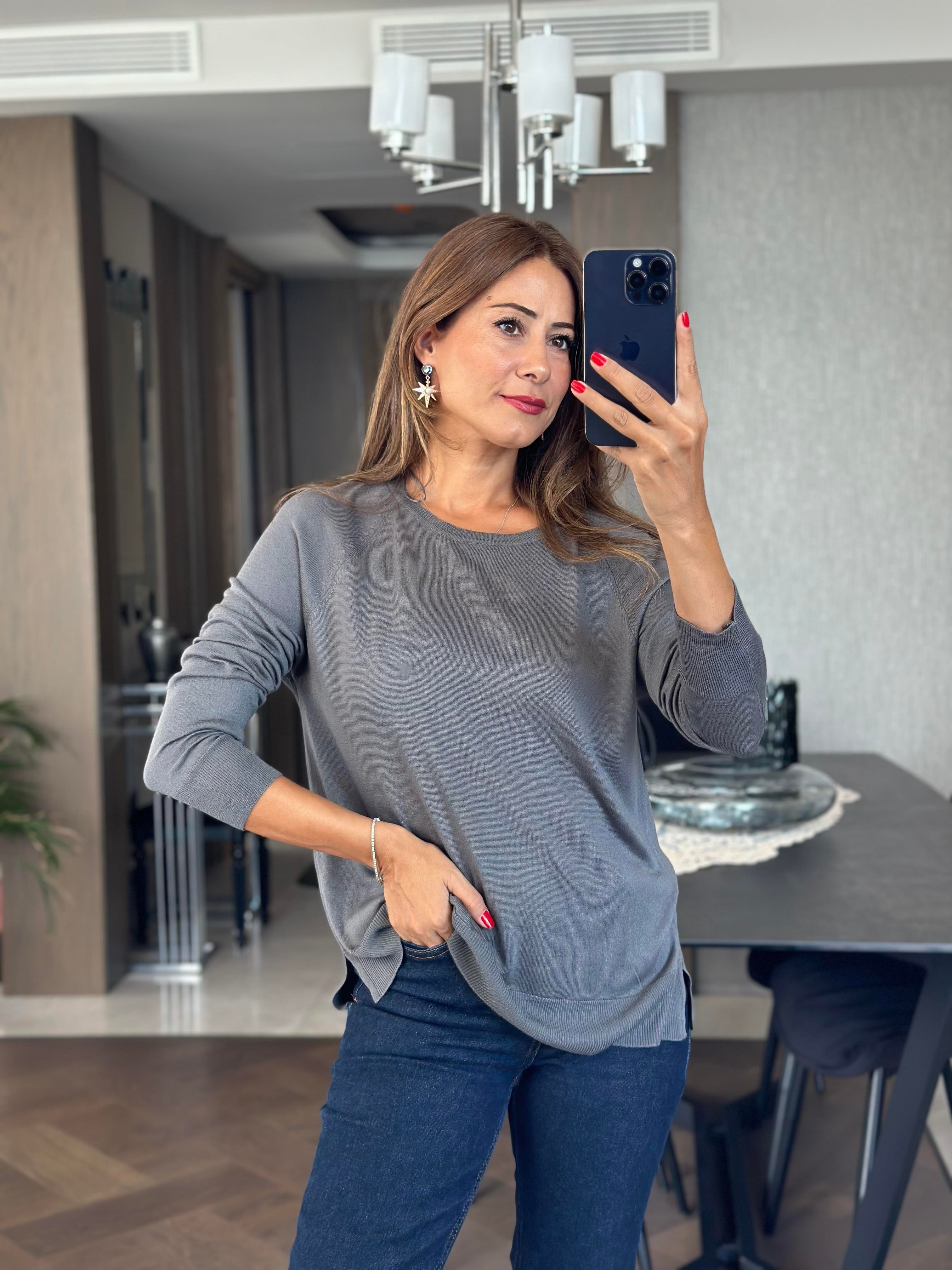 Füme Bisiklet Yaka Uzun Kol Dlvn Düz Merserize Kadın Bluz