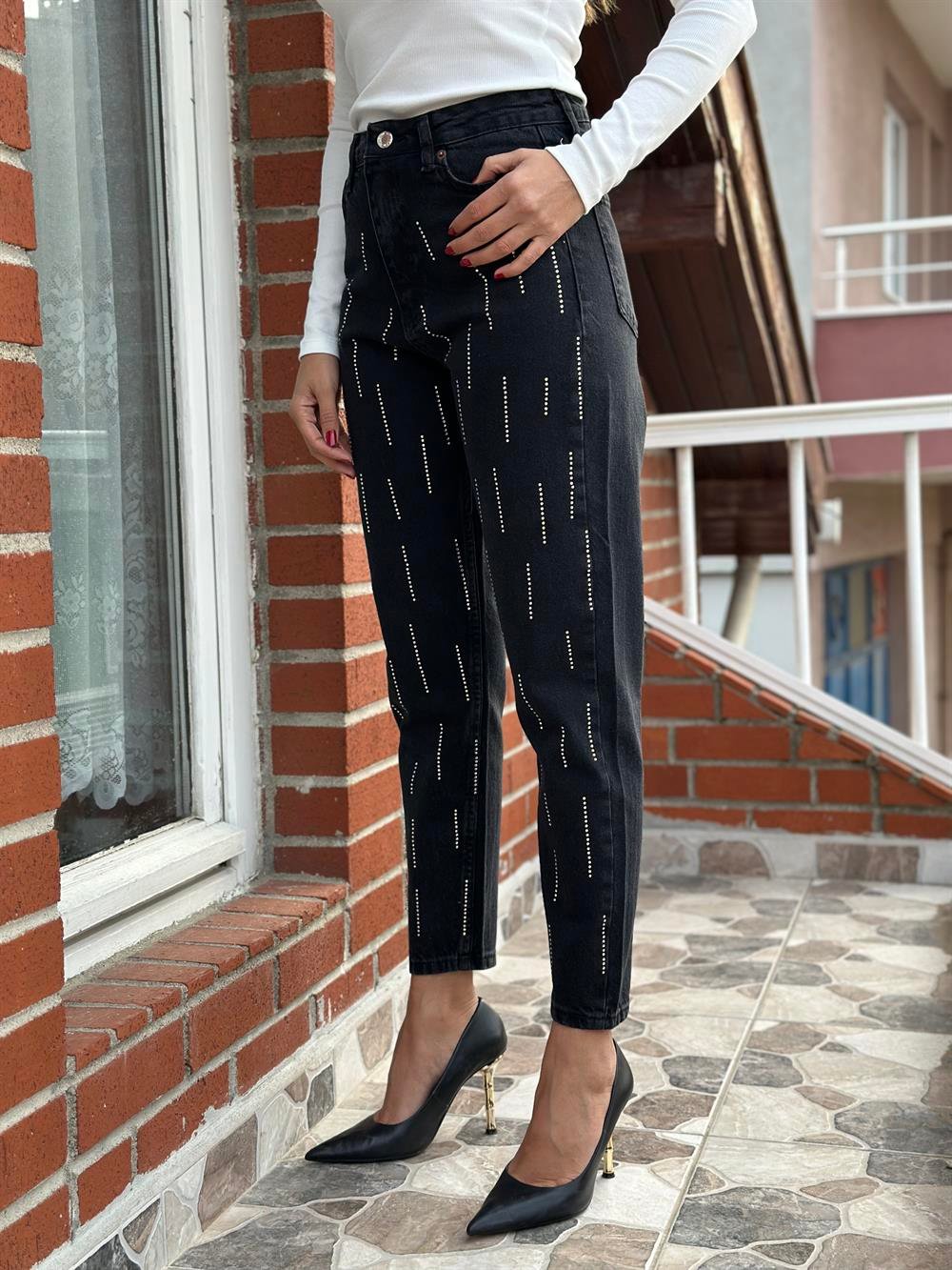 Füme Taş Baskılı Mom Kadın Jean