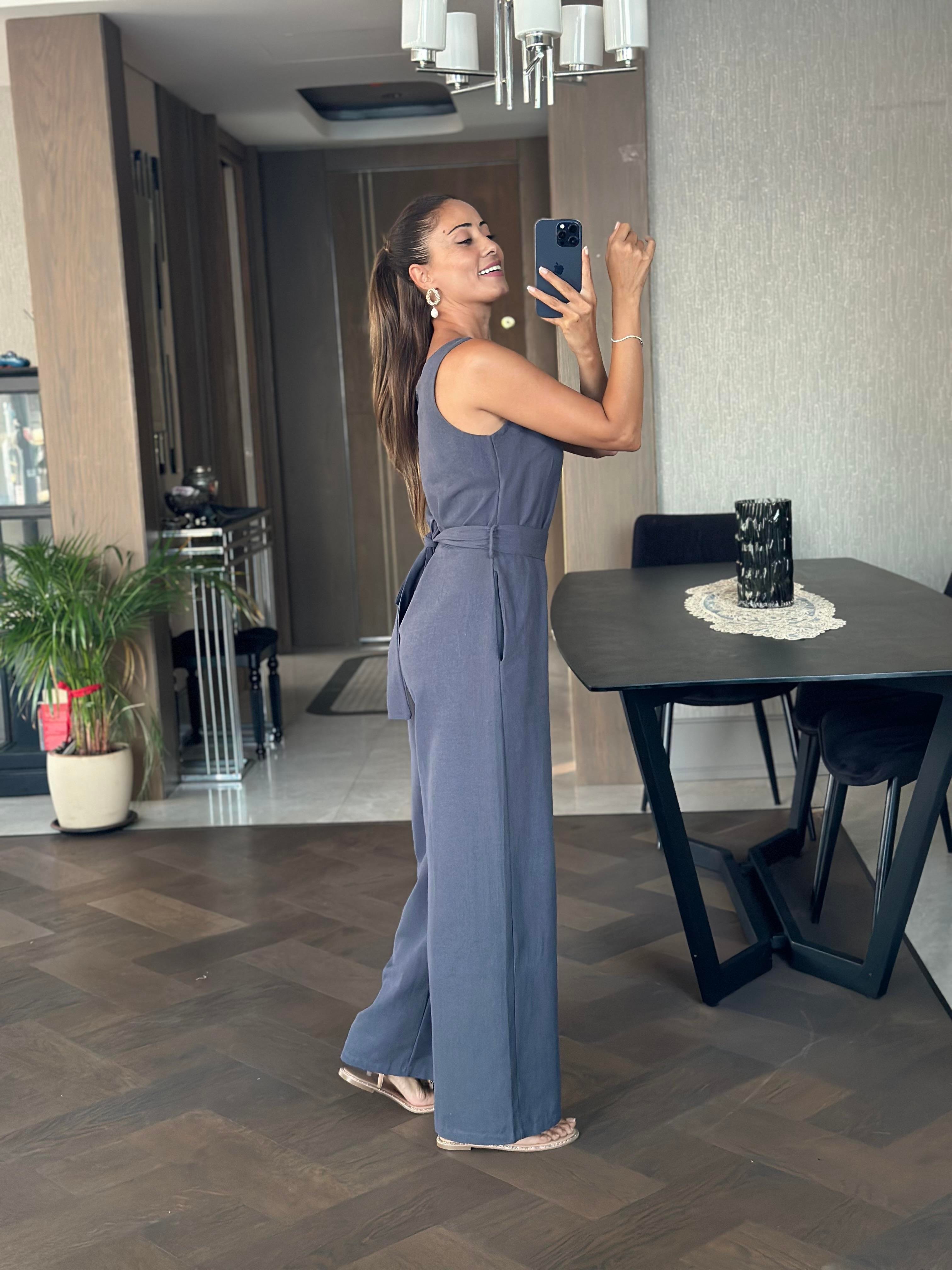Füme U Yaka Kuşaklı Sırtı Fermurlı Geniş Paça Kadın Keten Tulum