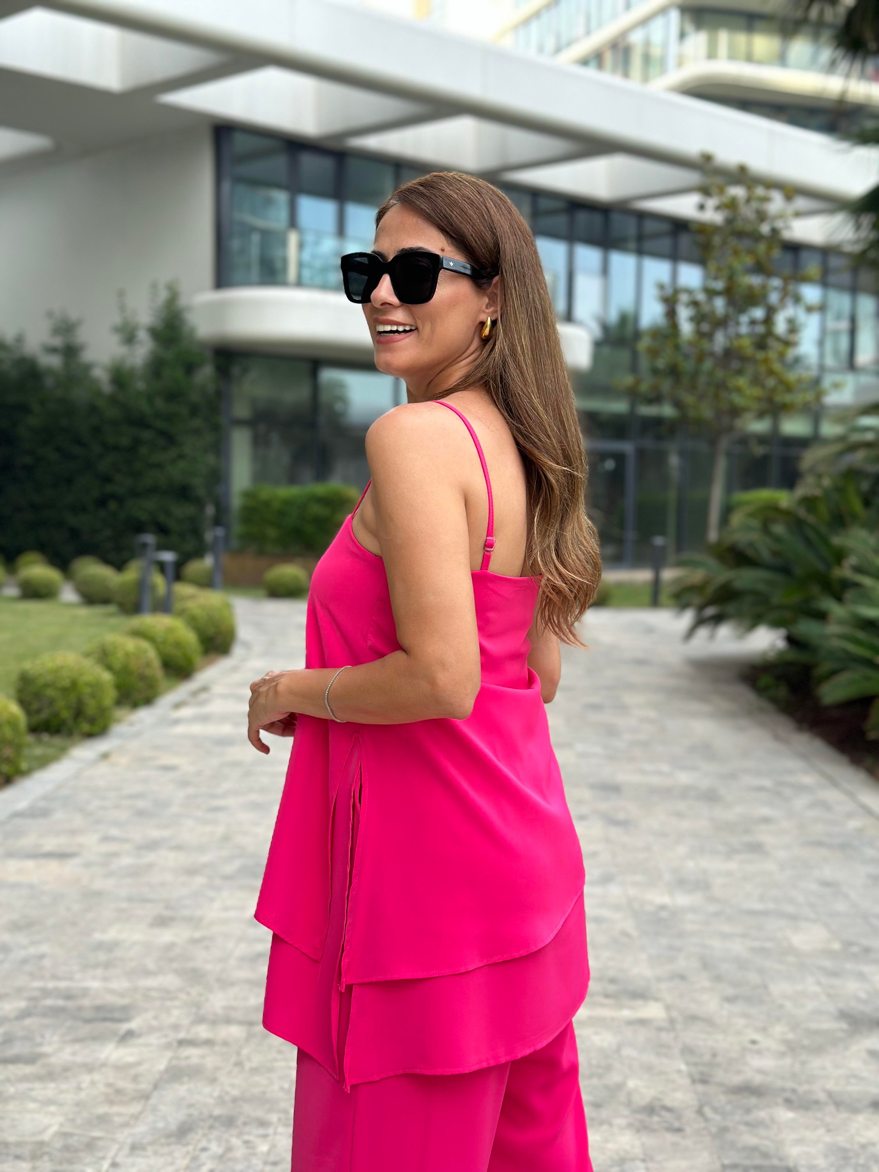 Fuşya Ayarlanabilir Askılı Çift Katlı Bluz Pantolon İkili Kadın Takım