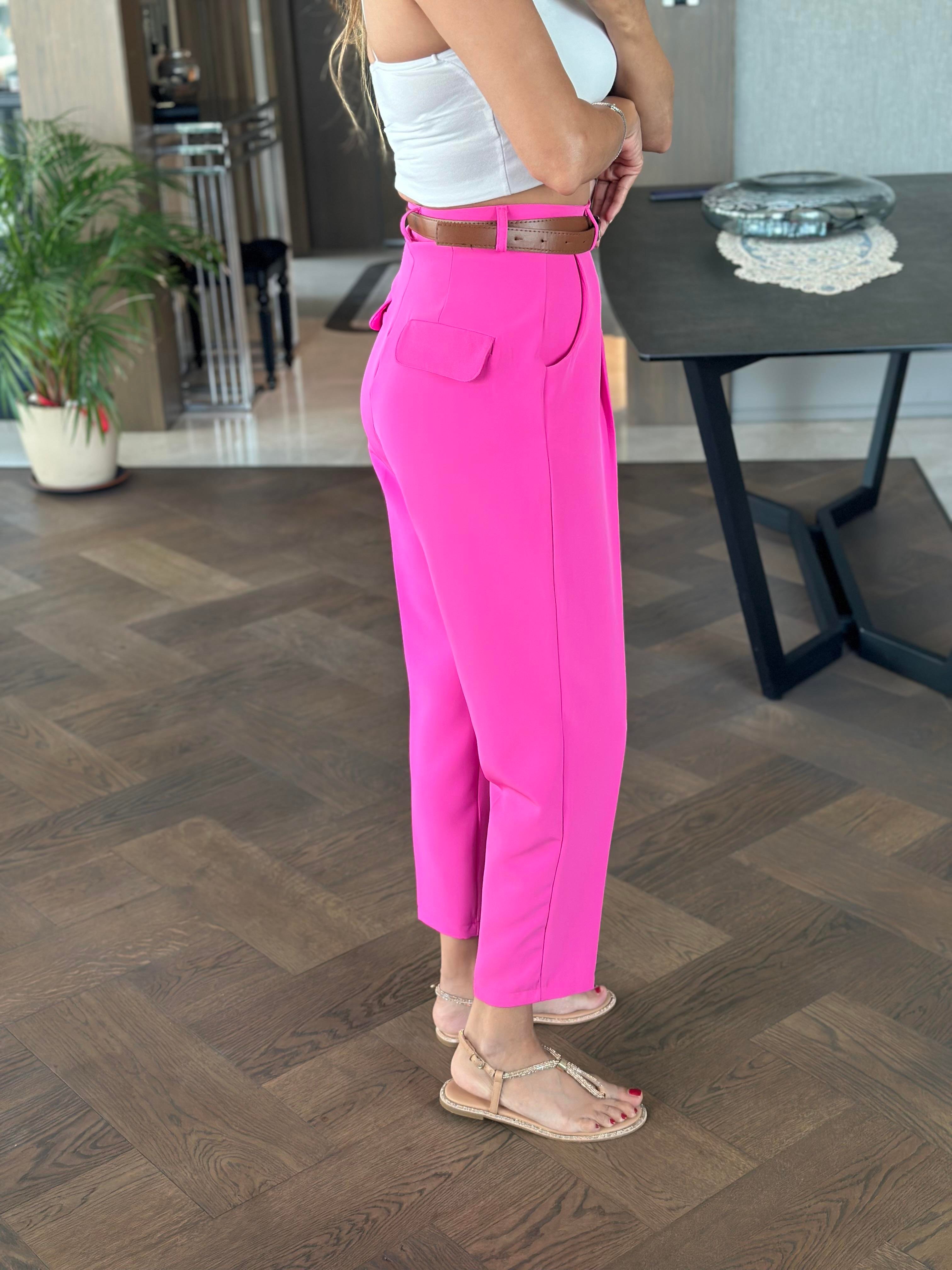 Fuşya Kemerli Cepli Pensli Yarı Şalvar Kadın Pantolon
