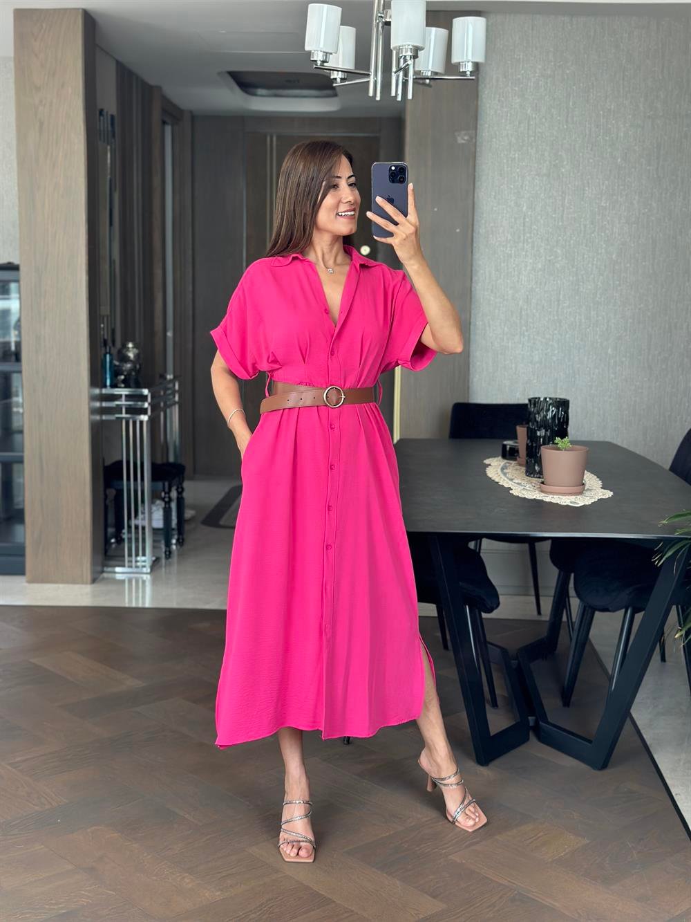 Fuşya Ön Ve Arka Pileli Kısa Kol Kemerli Kadın Gömlek Elbise