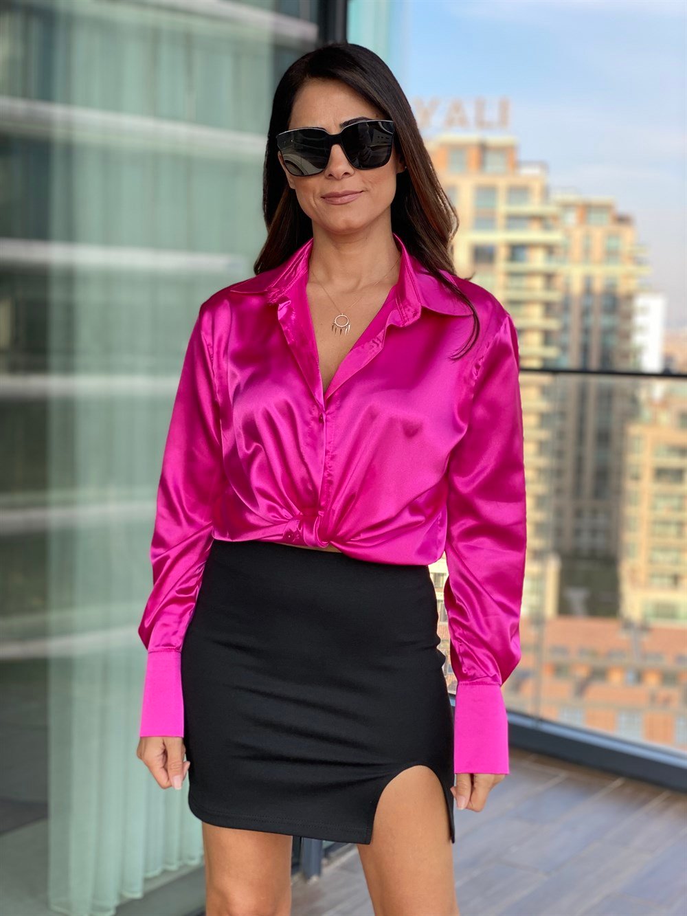 Fuşya Oversize Saten Gömlek
