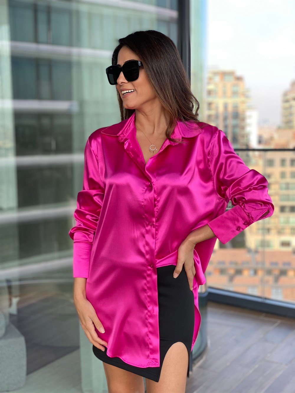 Fuşya Oversize Saten Gömlek