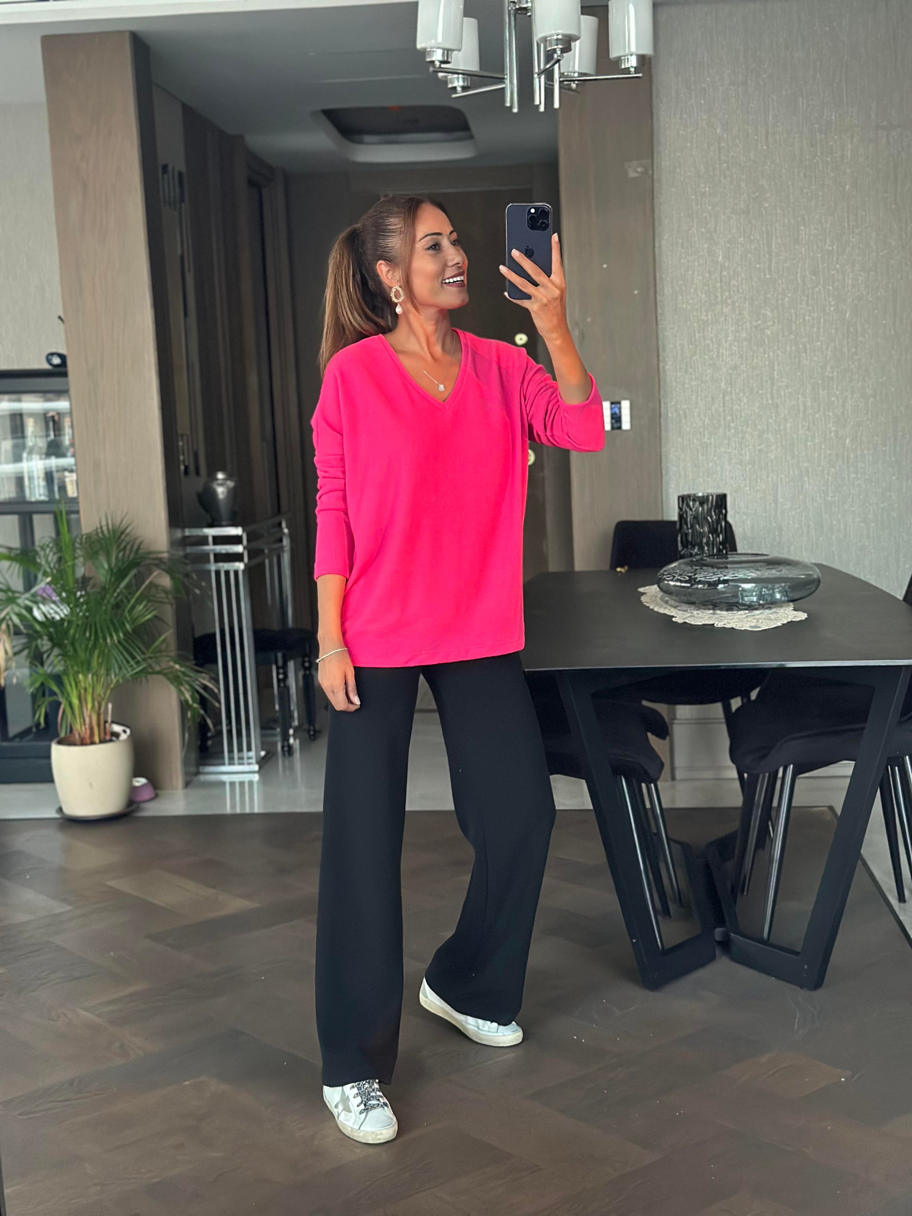 Fuşya V Yaka Uzun Kol Yumoş Kadın Bluz