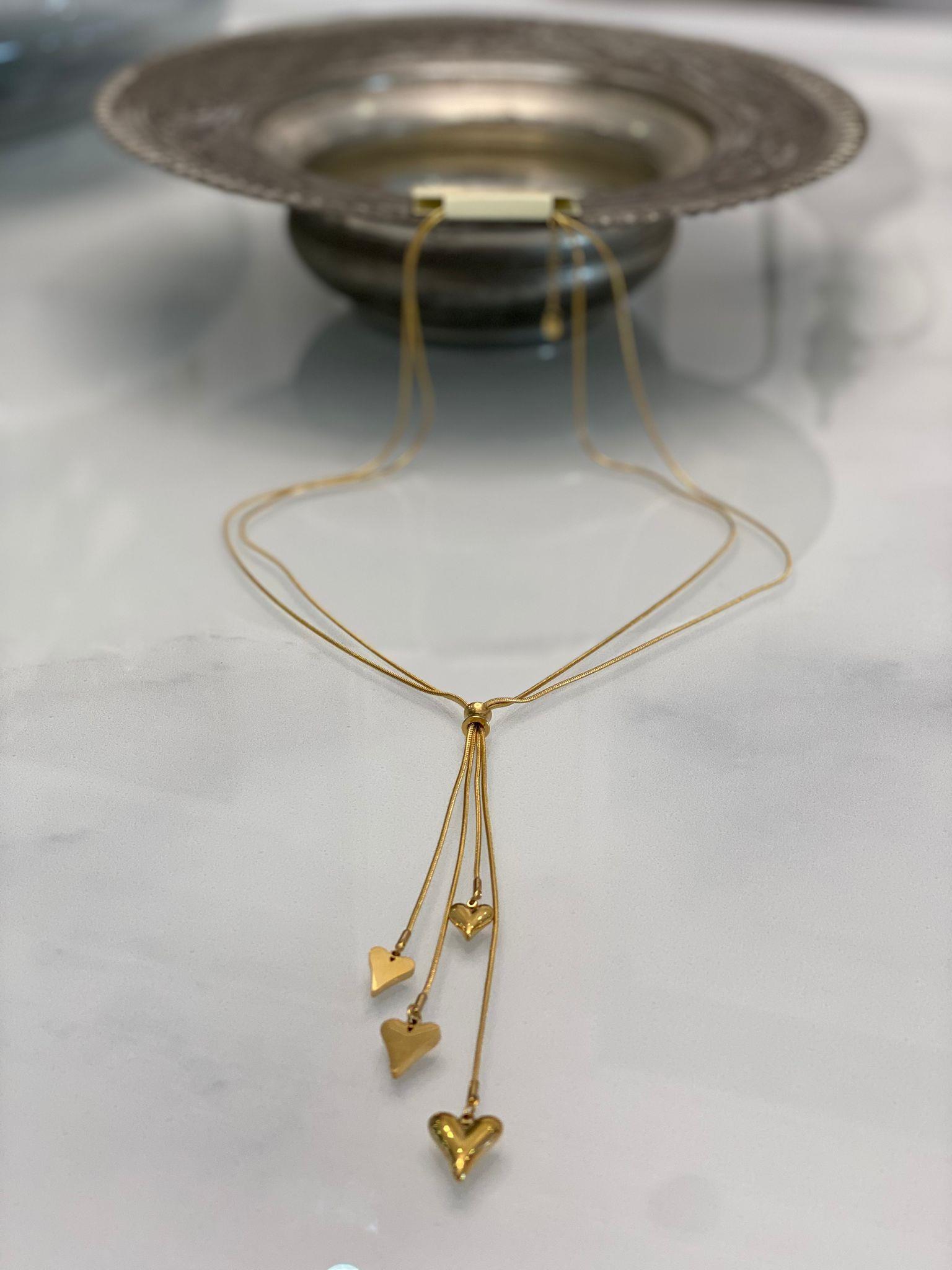 Gold İthal Kalp Detaylı Uzun Çelik Kadın Kolye