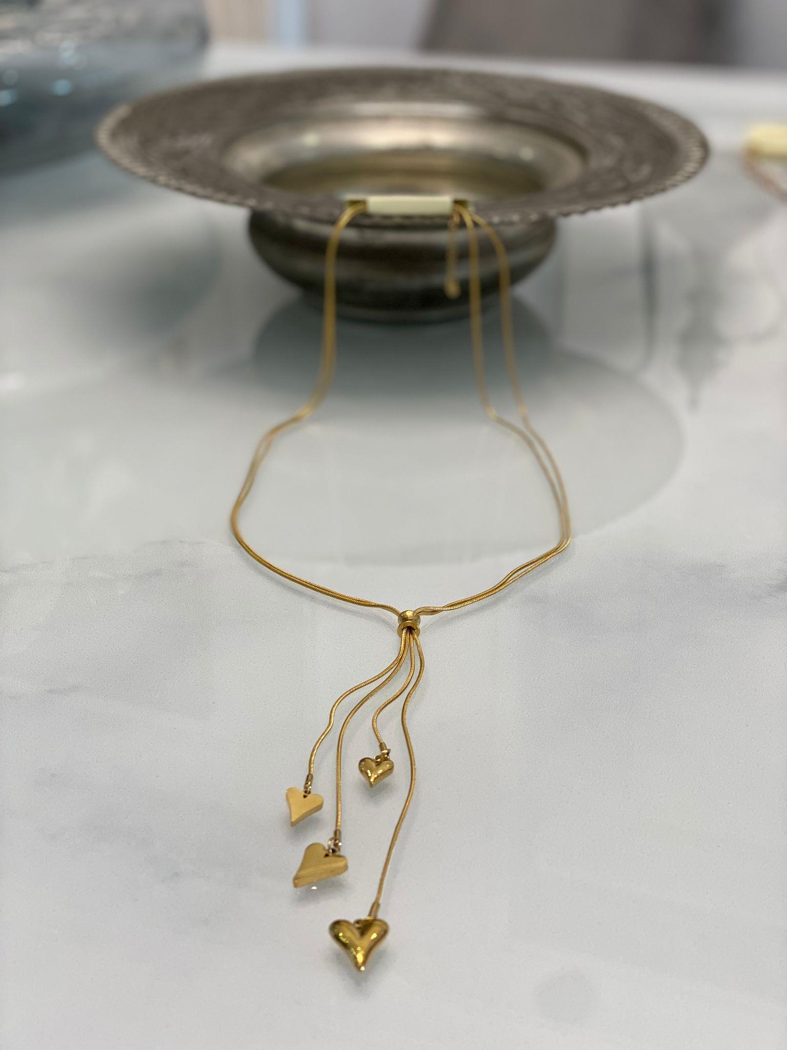 Gold İthal Kalp Detaylı Uzun Çelik Kadın Kolye