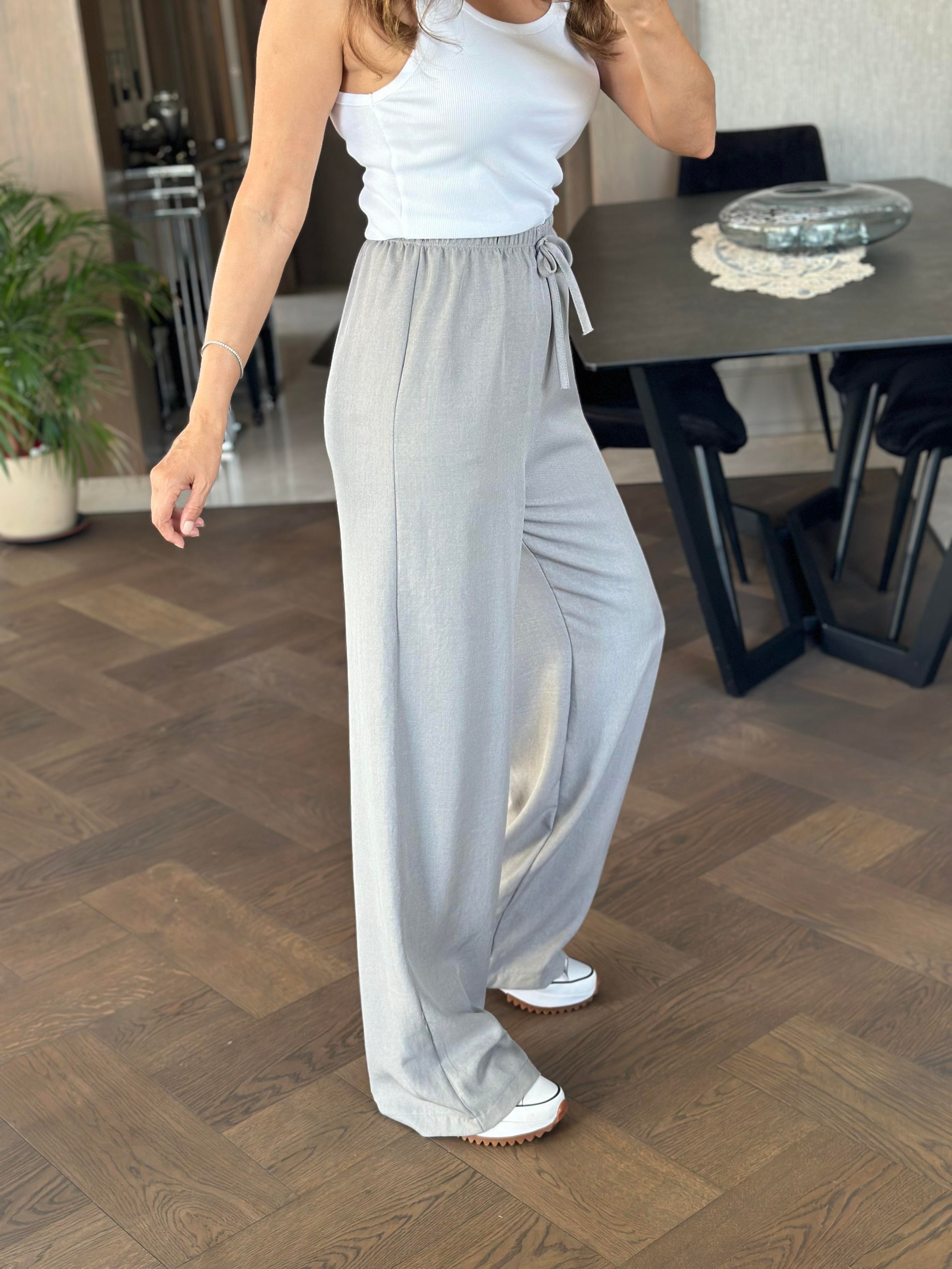 Gri Beli Bağcık Detay Lastikli Bol Paça Aerobin Kadın Pantolon