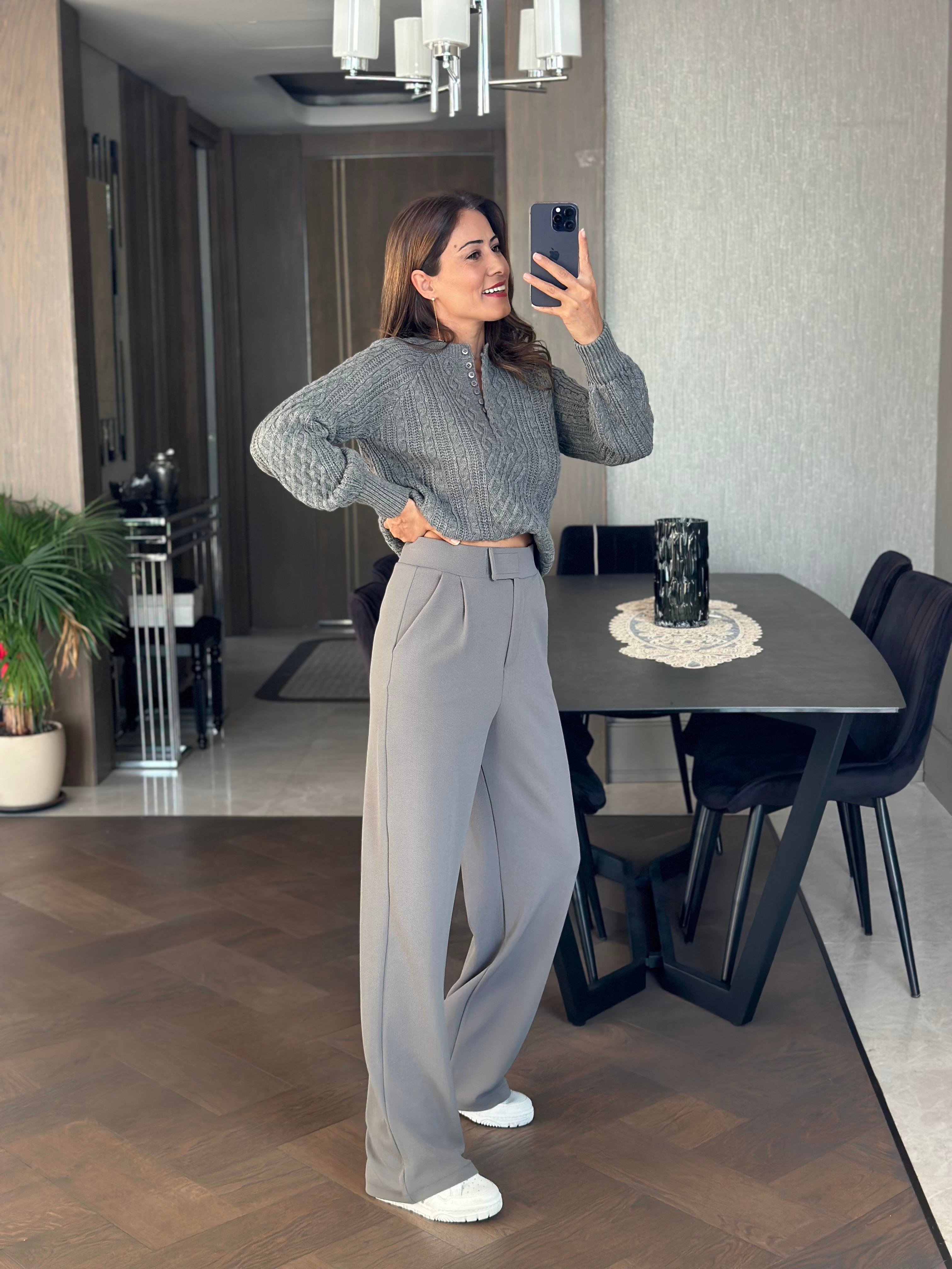 Gri Beli Cırtlı Likralı Krep Palazzo Kadın Pantolon