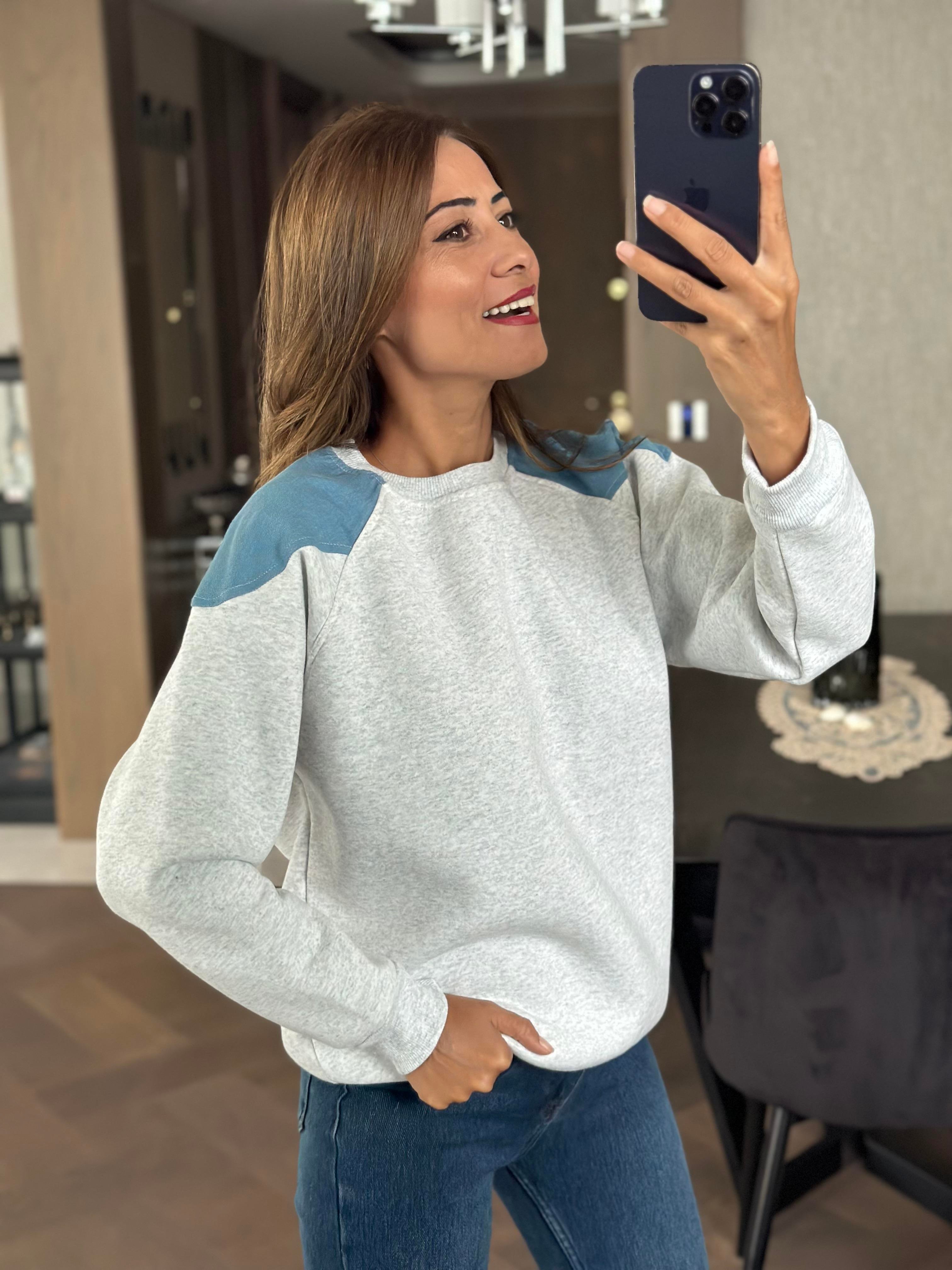 Gri Bisiklet Yaka Omuzları Jean Detay İki İplik Kadın Sweatshirt