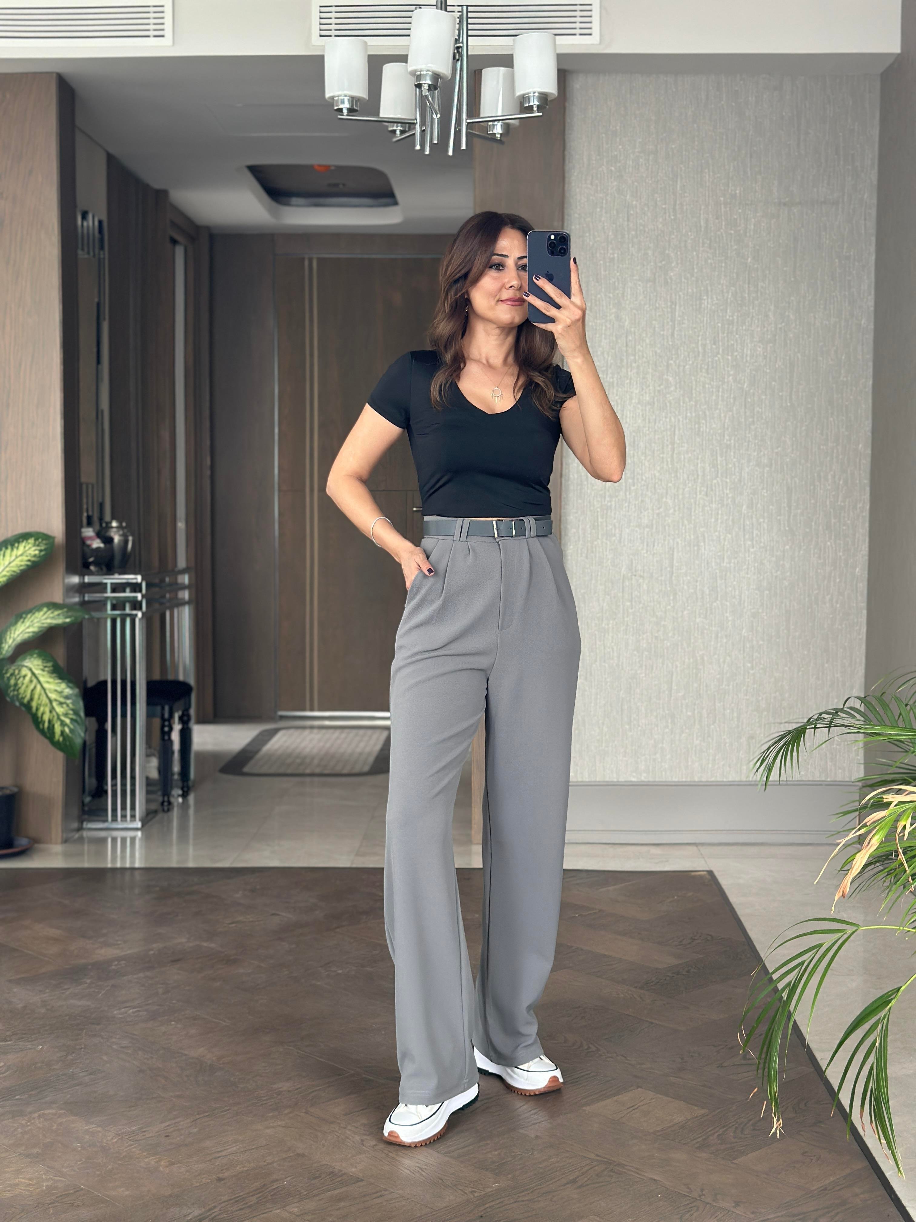 Gri Çift Pileli Kemerli Likralı Krep Kadın Pantolon