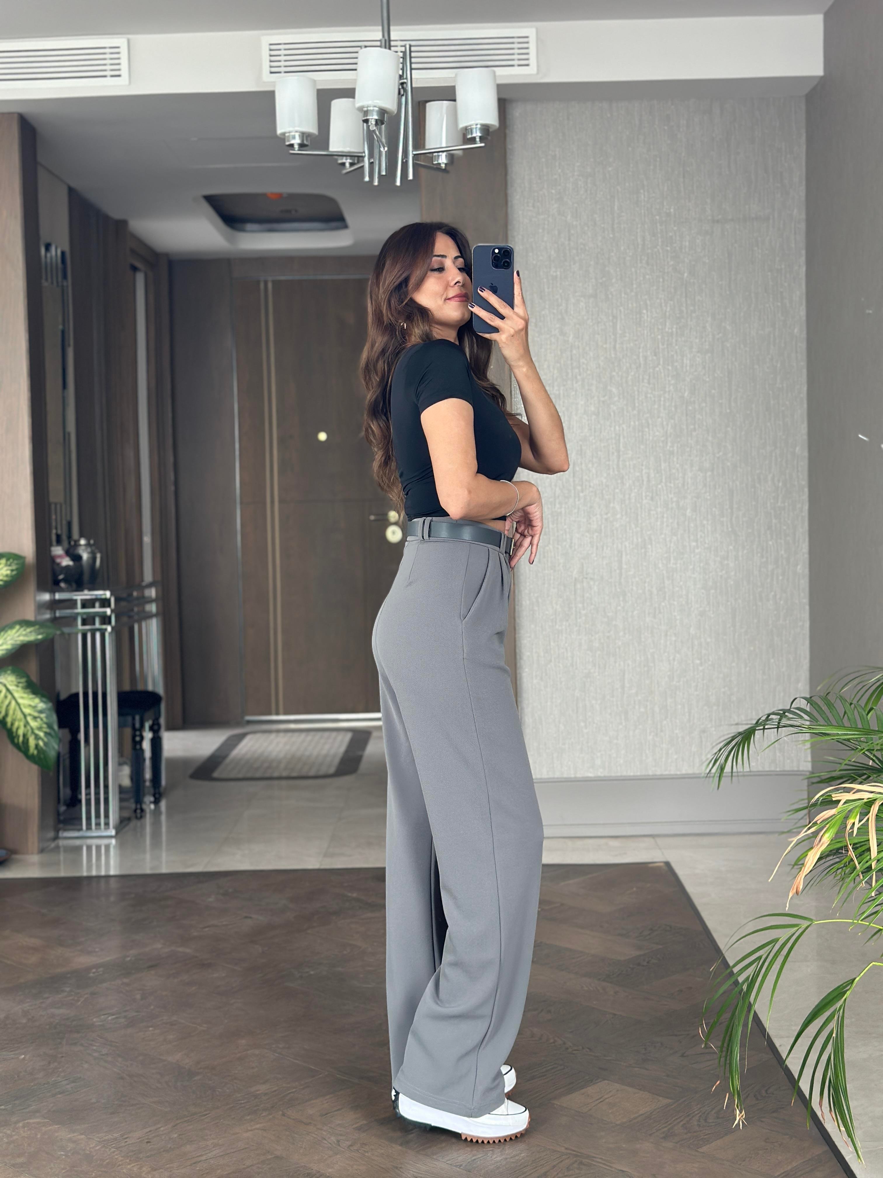 Gri Çift Pileli Kemerli Likralı Krep Kadın Pantolon