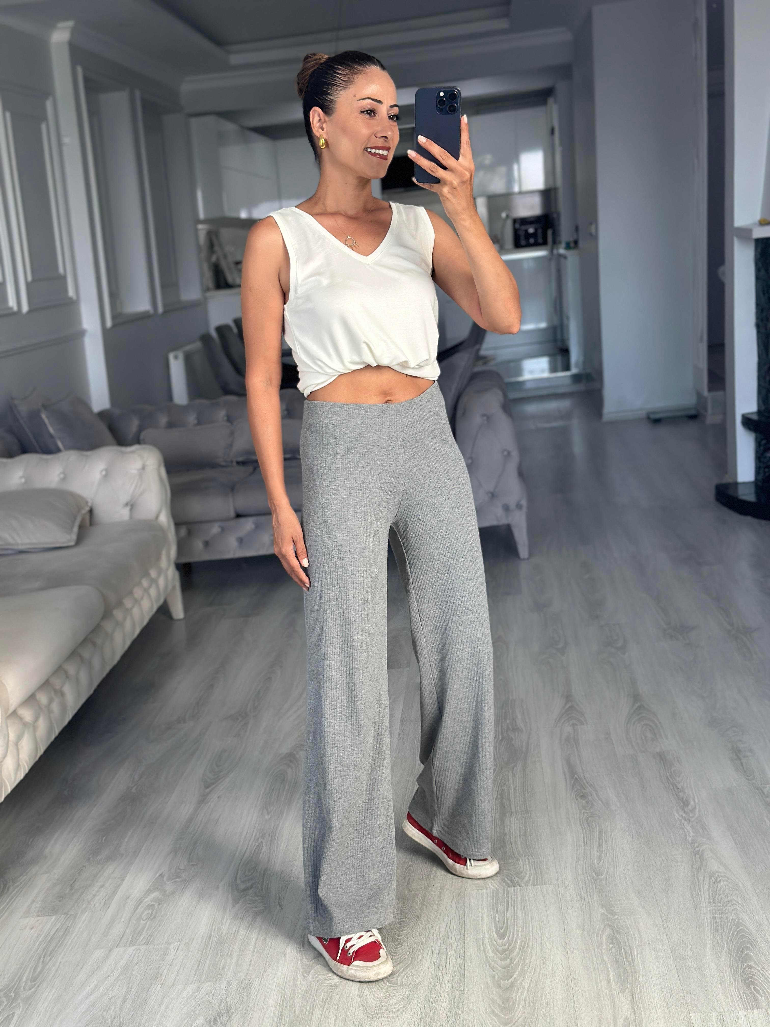 Gri Fitilli Beli Lastikli Basic Kadın Pantolon
