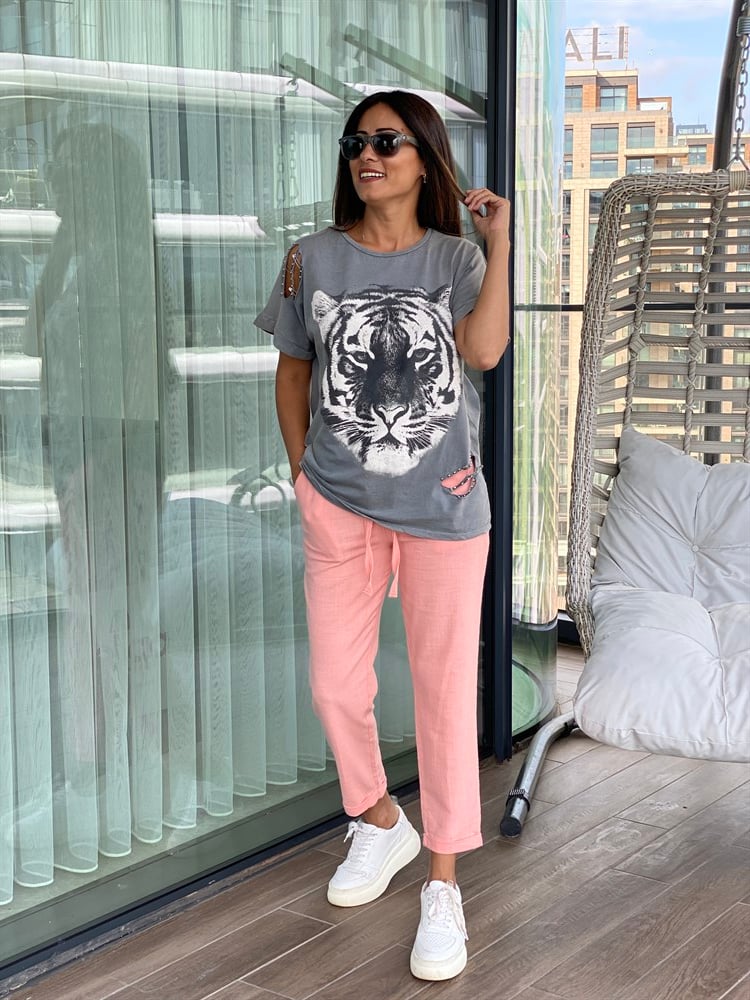 Gri Kaplan Baskılı T-Shirt