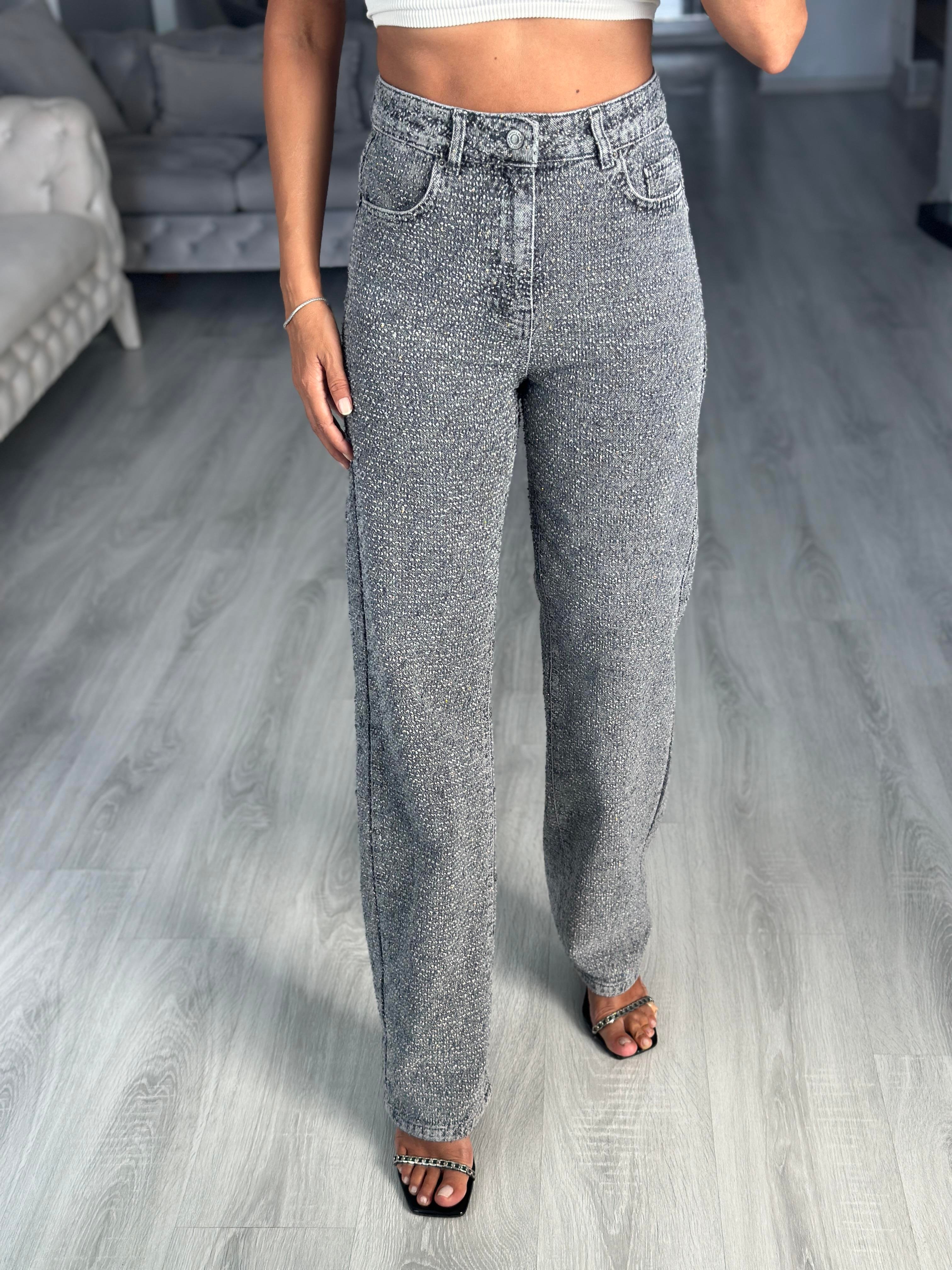Gri Taş Detaylı Straight Kadın Jean Pantolon