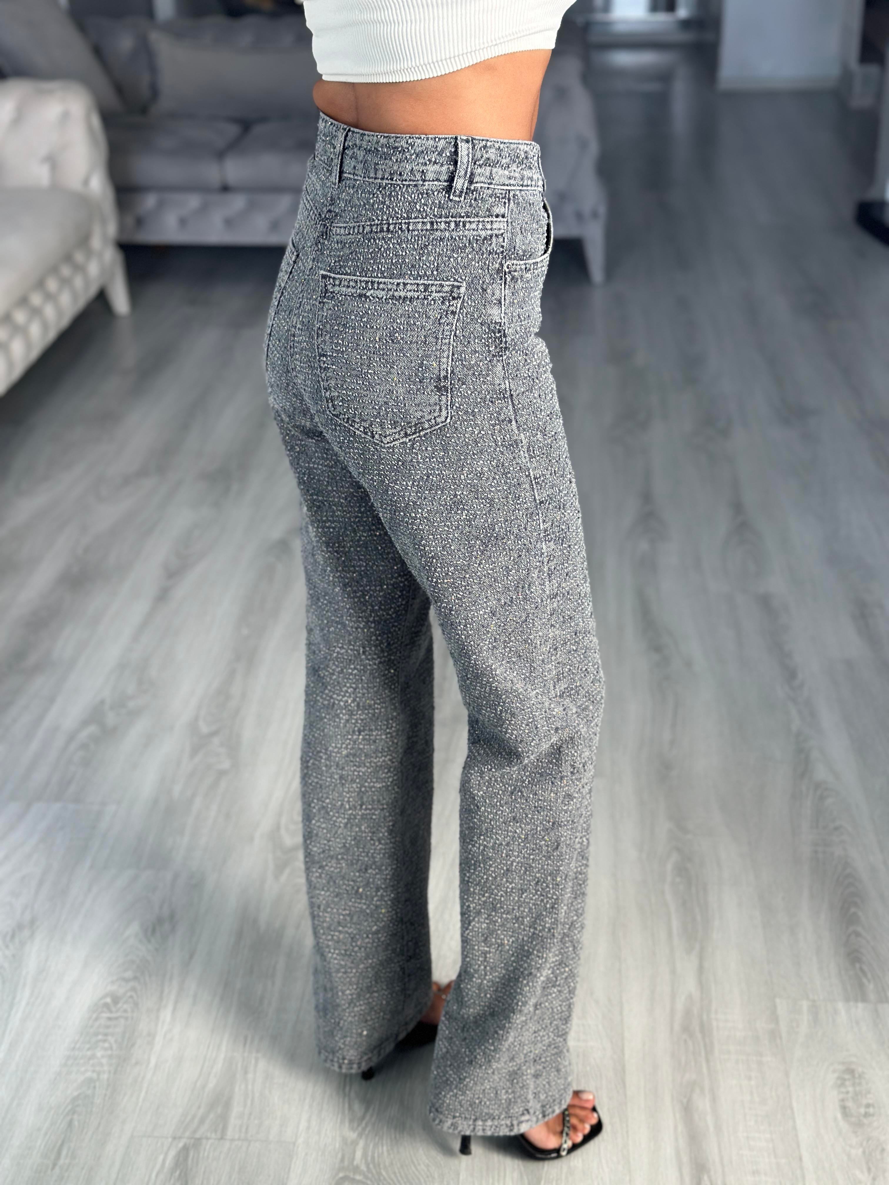 Gri Taş Detaylı Straight Kadın Jean Pantolon