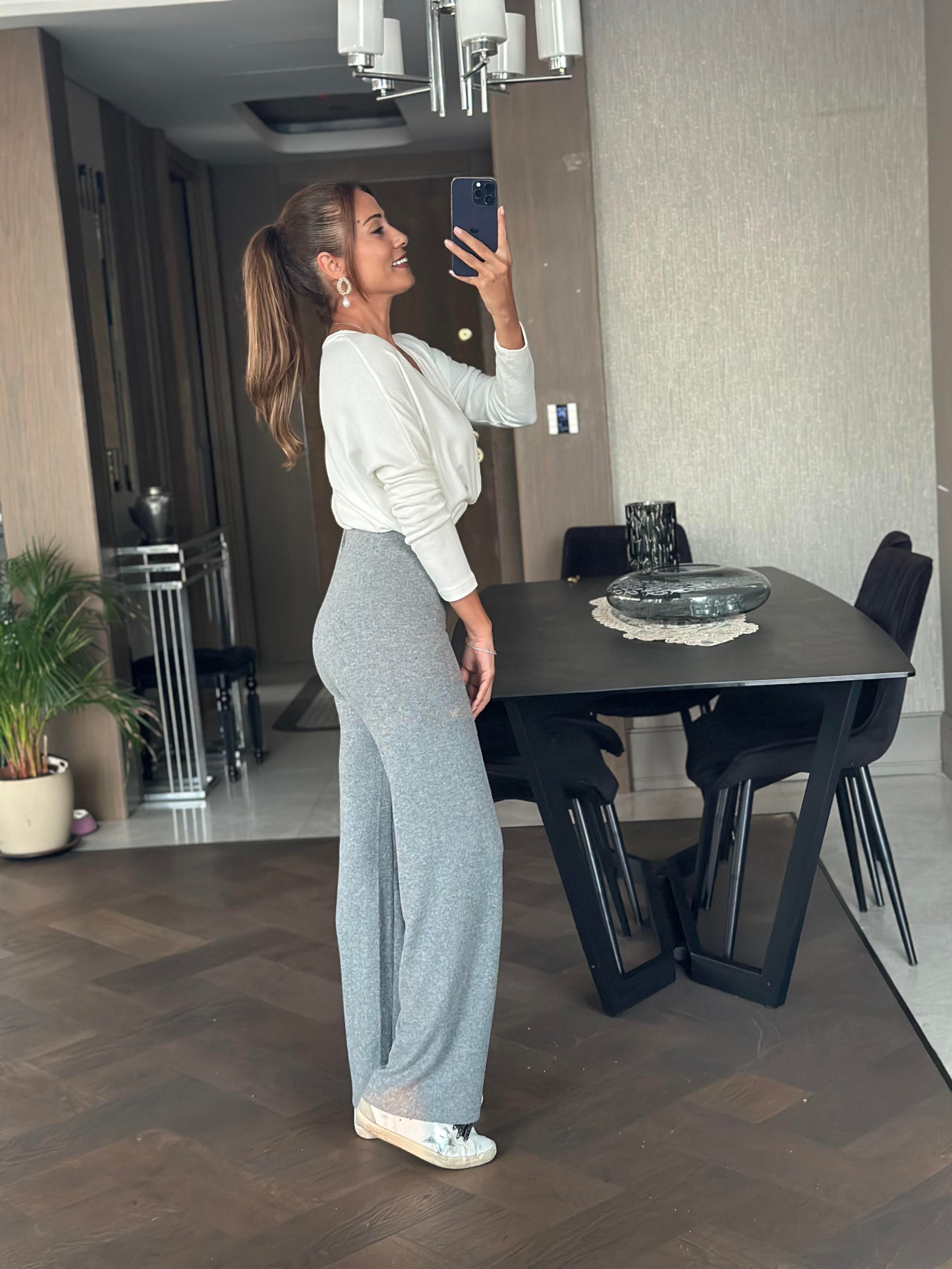 Gri Yumoş Beli Lastikli Bol Paça Kadın Pantolon