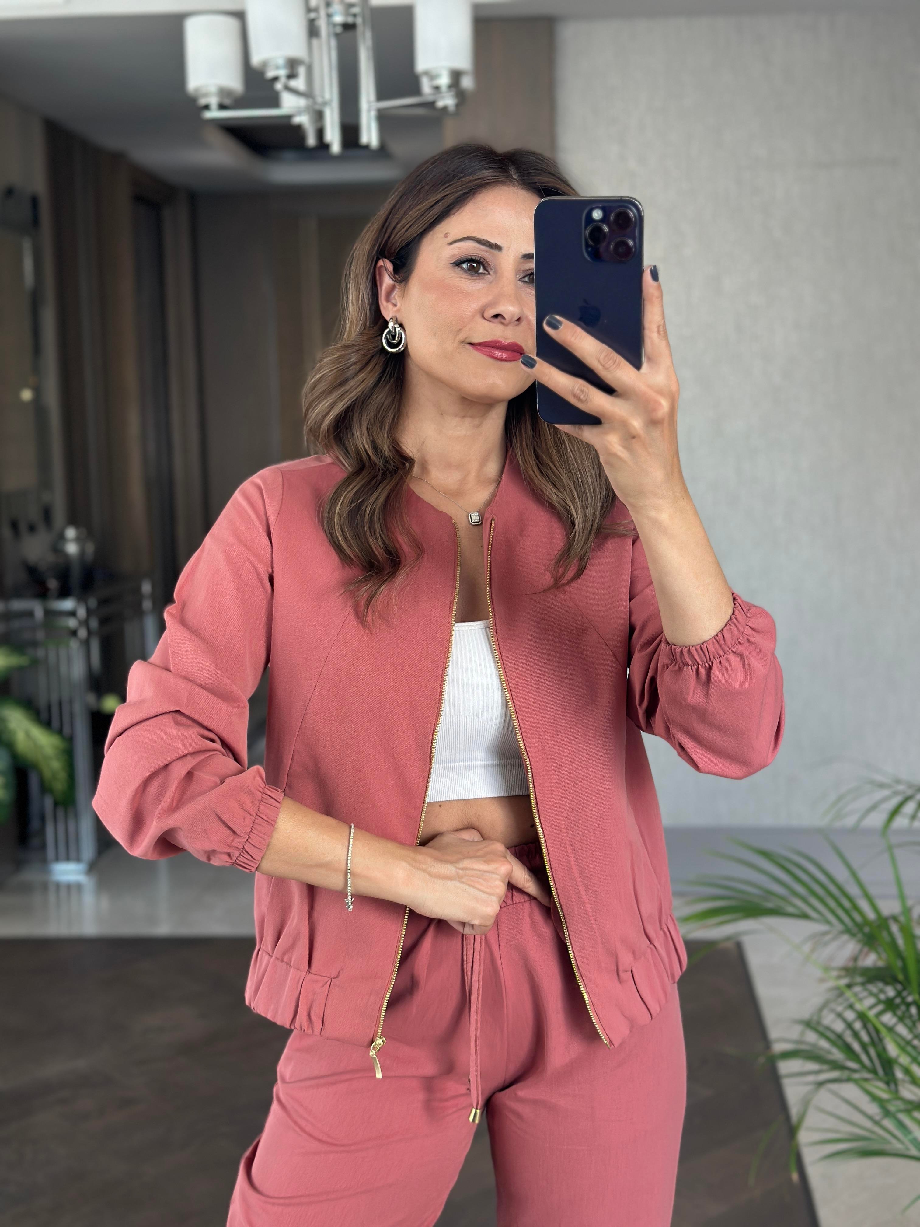 Gül Kurusu Fermuarlı Ceket Pantolon Kadın Alt Üst Takım