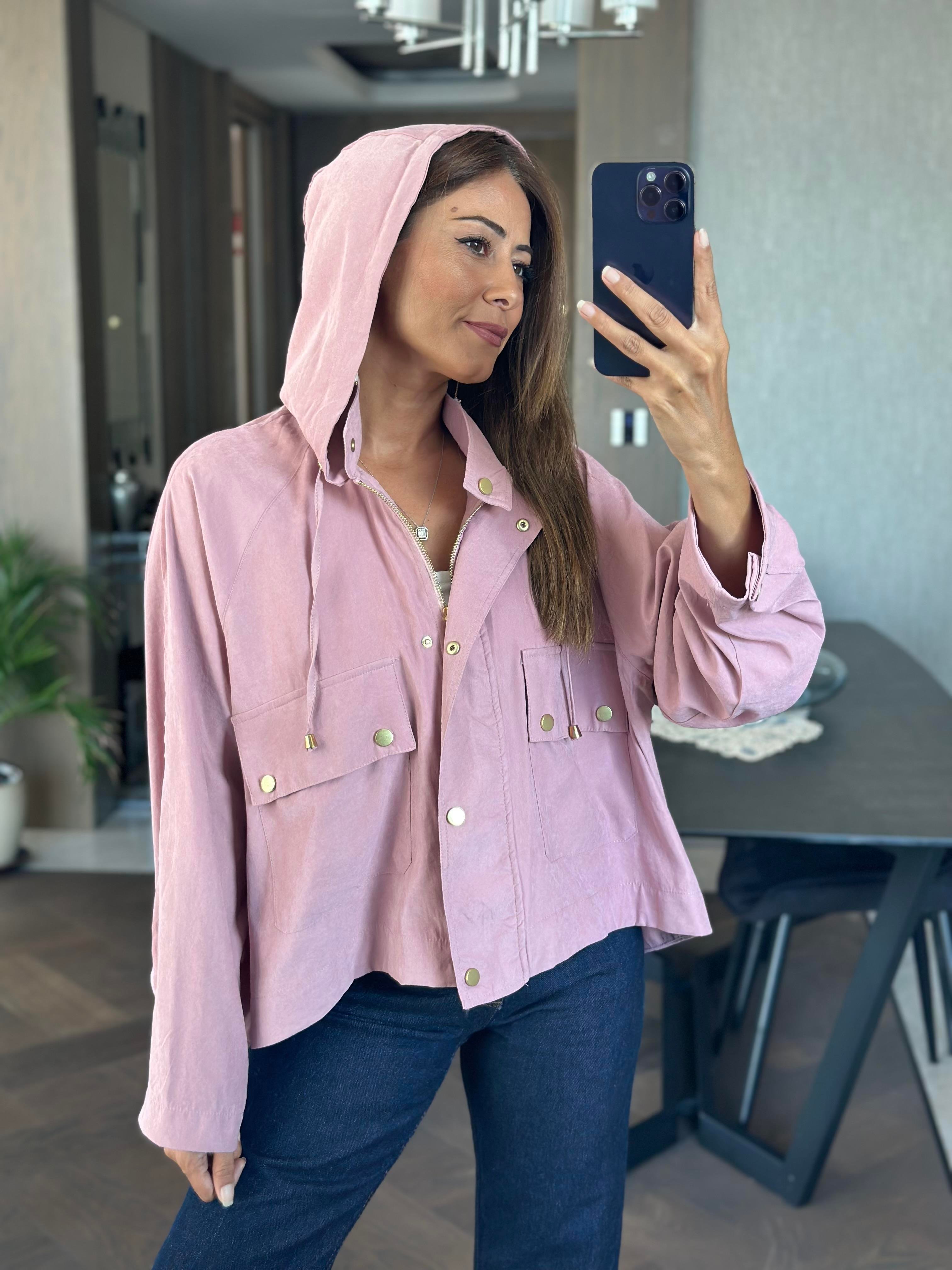 Gül Kurusu Kapüşonlu Cepleri Ve Önü Çıtçıtlı Oversize Kadın Trençkot